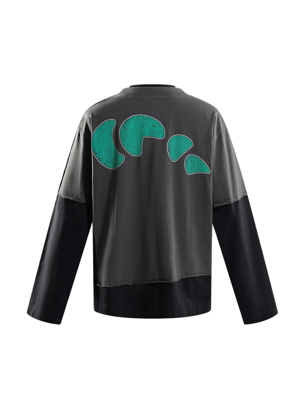 TBHNP black arrival knight long-sleeve tee, back flat-lay with crescent print — men's streetwear tee