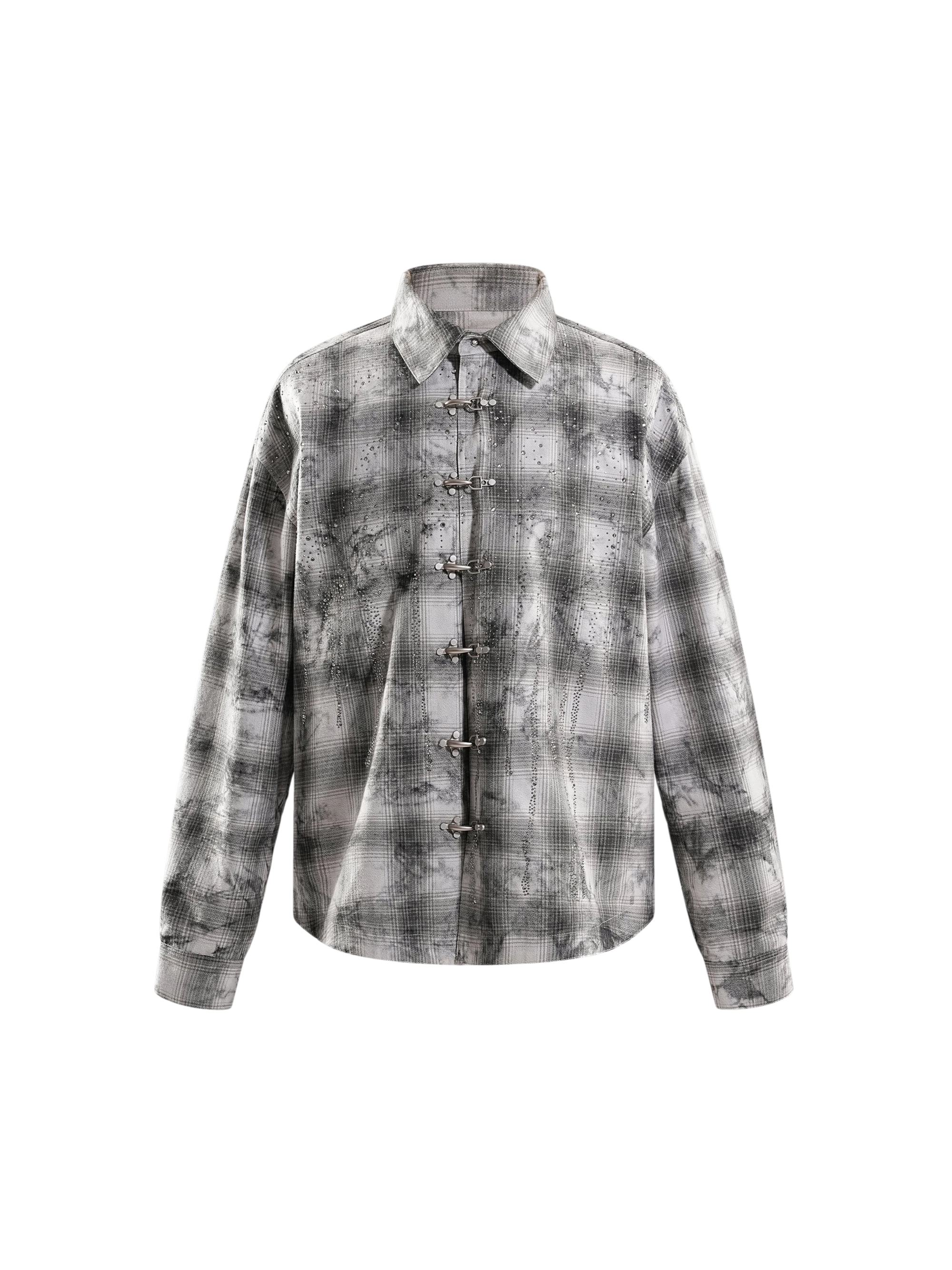 TBHNP Eclipse of the Blood Moon rhinestone buckle plaid flannel shirt — men's gothic streetwear button-up