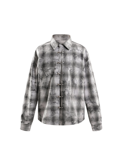 TBHNP Eclipse of the Blood Moon rhinestone buckle plaid flannel shirt — men's gothic streetwear button-up