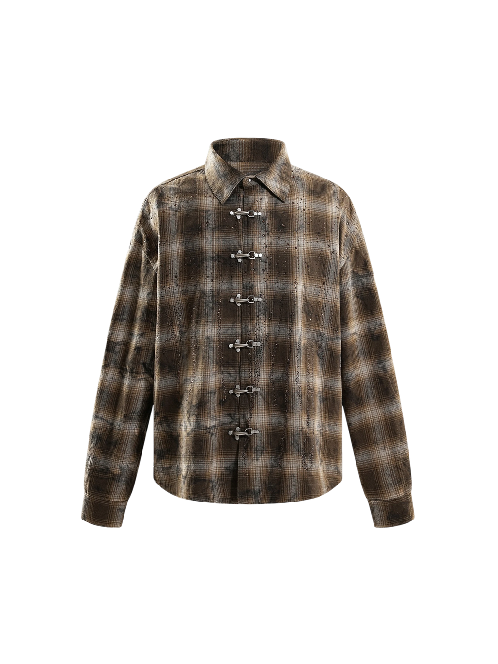 ECLIPSE OF THE BLOOD MOON RHINESTONE BUCKLE PLAID SHIRT