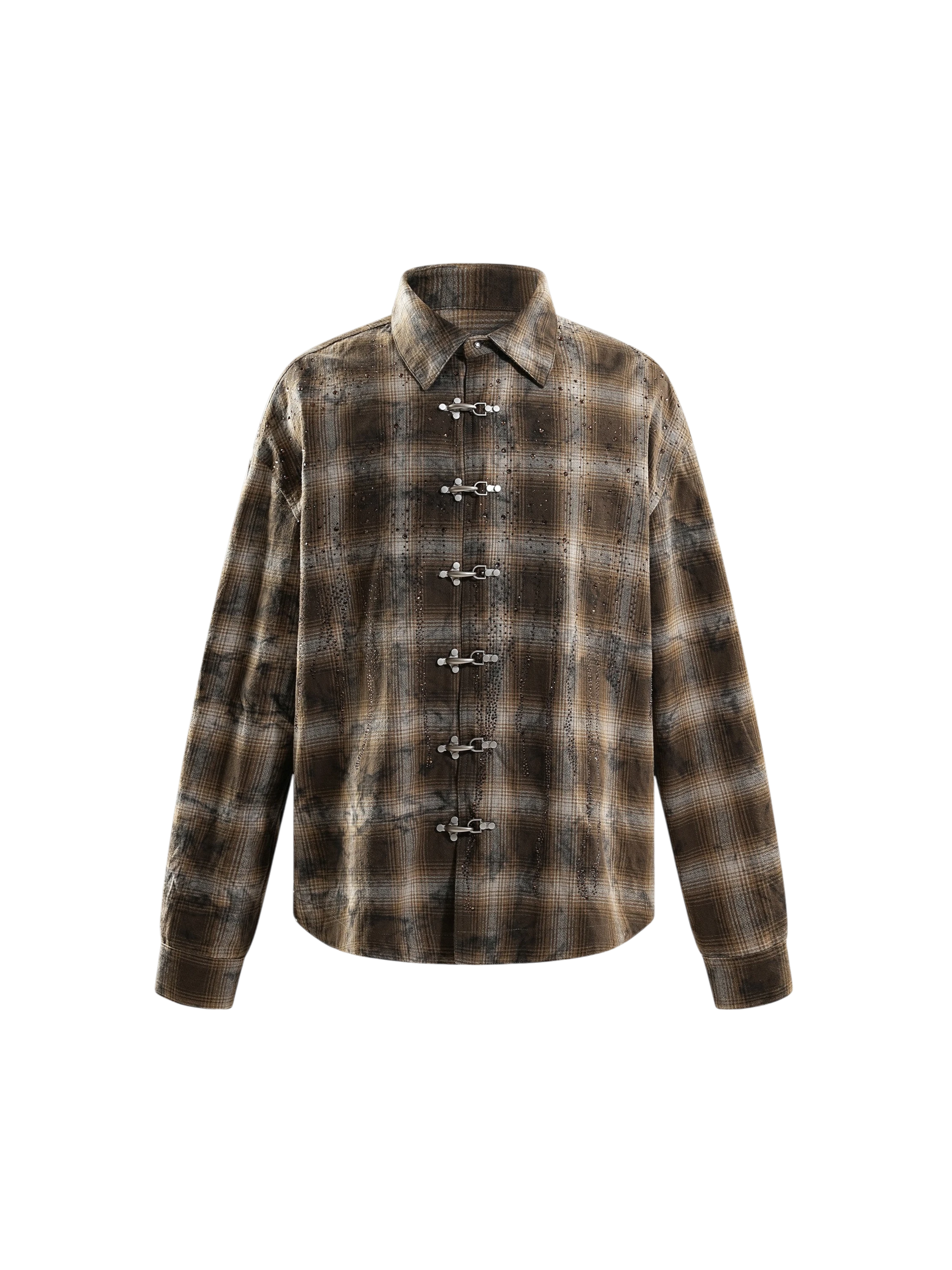 TBHNP Eclipse of the Blood Moon rhinestone buckle plaid flannel shirt — men's gothic streetwear button-up