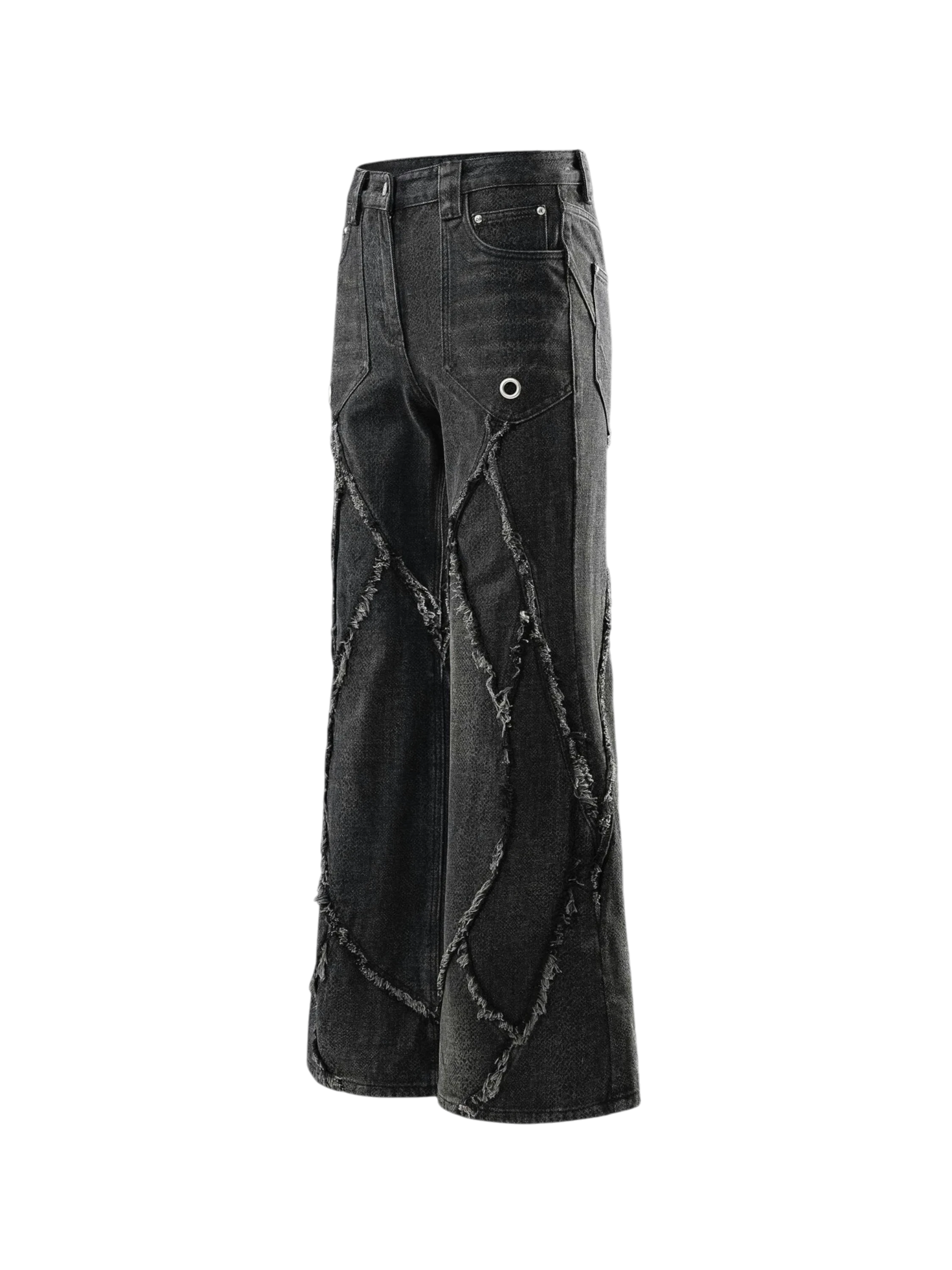 TBHNP cobra print baggy jeans, full-length back flat-lay — men's streetwear denim