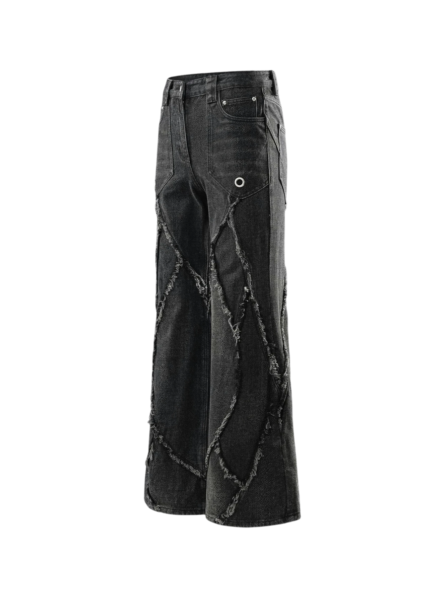 TBHNP cobra print baggy jeans, full-length back flat-lay — men's streetwear denim