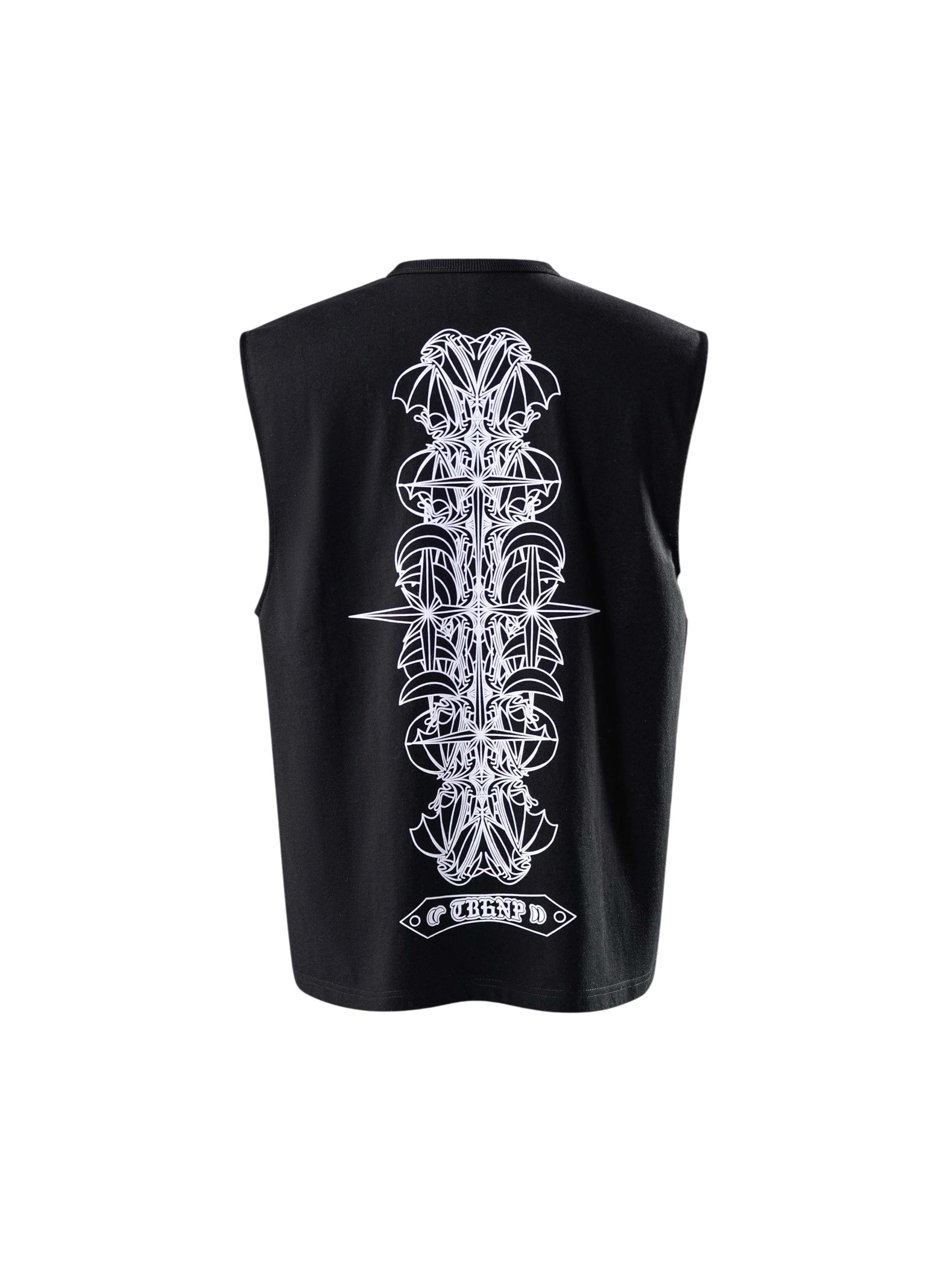 Close-up of the flocked shadowbat back print on TBHNP black vest — men's streetwear detail