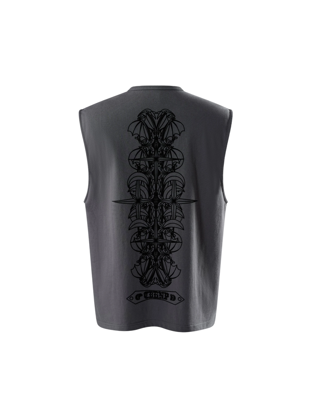 TBHNP dark grey Shadowbat vest, back flat-lay with flocked bat print — men's streetwear sleeveless tee