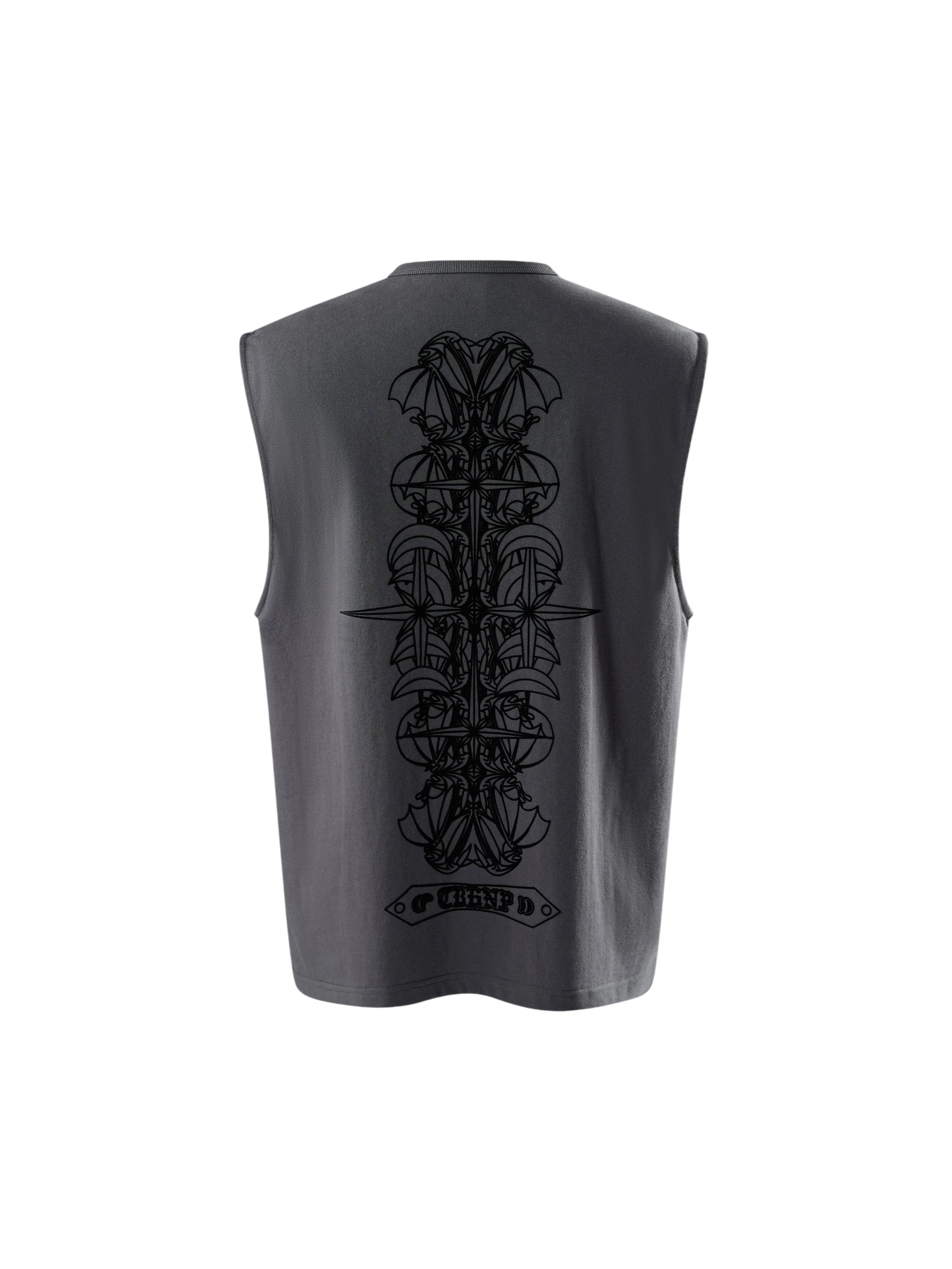 TBHNP dark grey Shadowbat vest, back flat-lay with flocked bat print — men's streetwear sleeveless tee