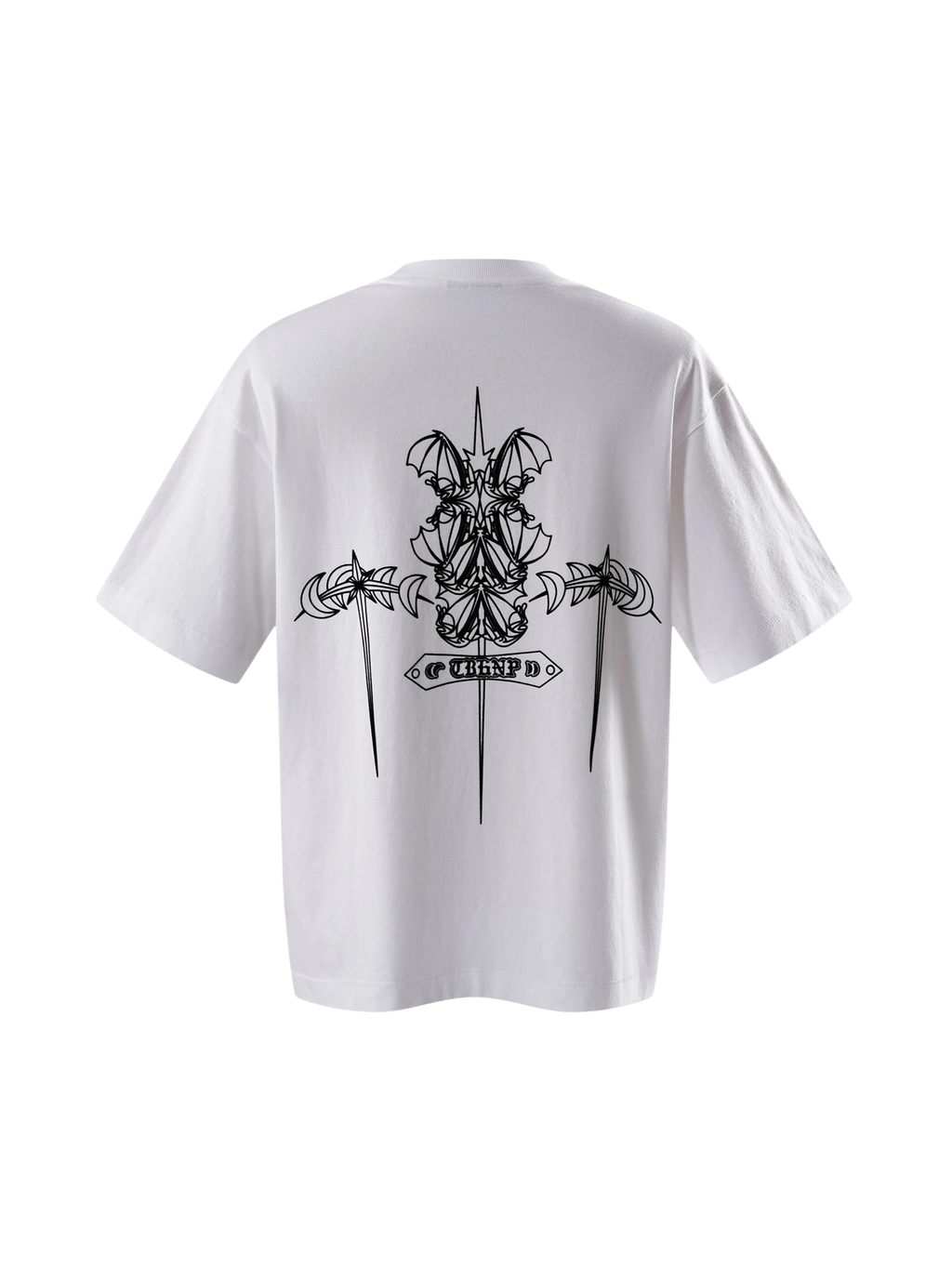 Close-up of the label on TBHNP white Emblem & Shadowbat tee — men's streetwear detail