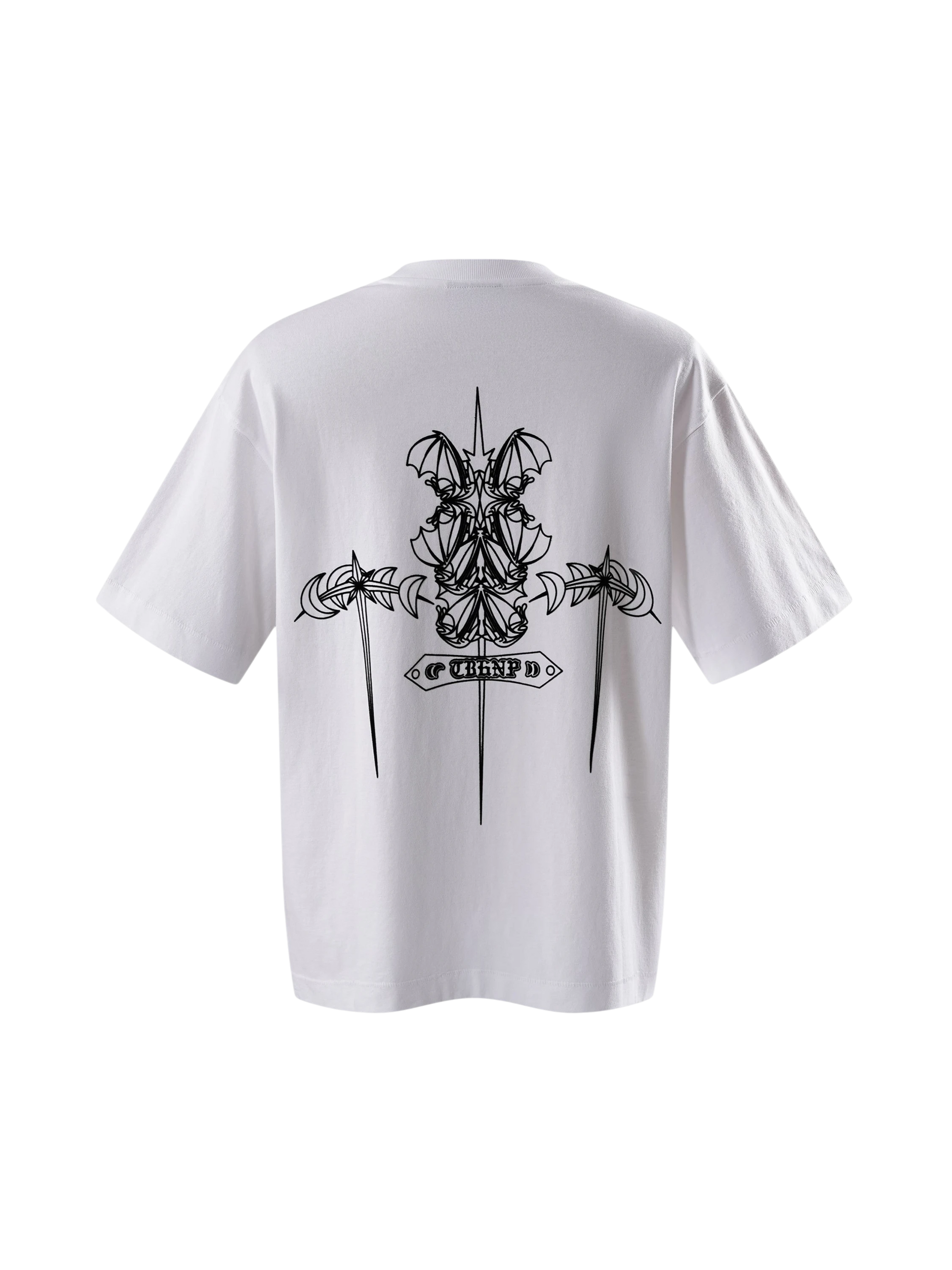 Close-up of the label on TBHNP white Emblem & Shadowbat tee — men's streetwear detail