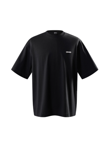 TBHNP Luminous Dawn Emblem & Shadowbat tee in black, front flat-lay — men's streetwear tee