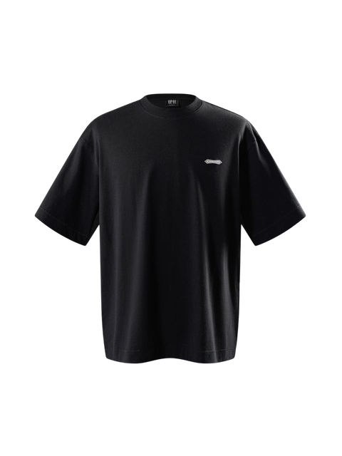 TBHNP Luminous Dawn Emblem & Shadowbat tee in black, front flat-lay — men's streetwear tee