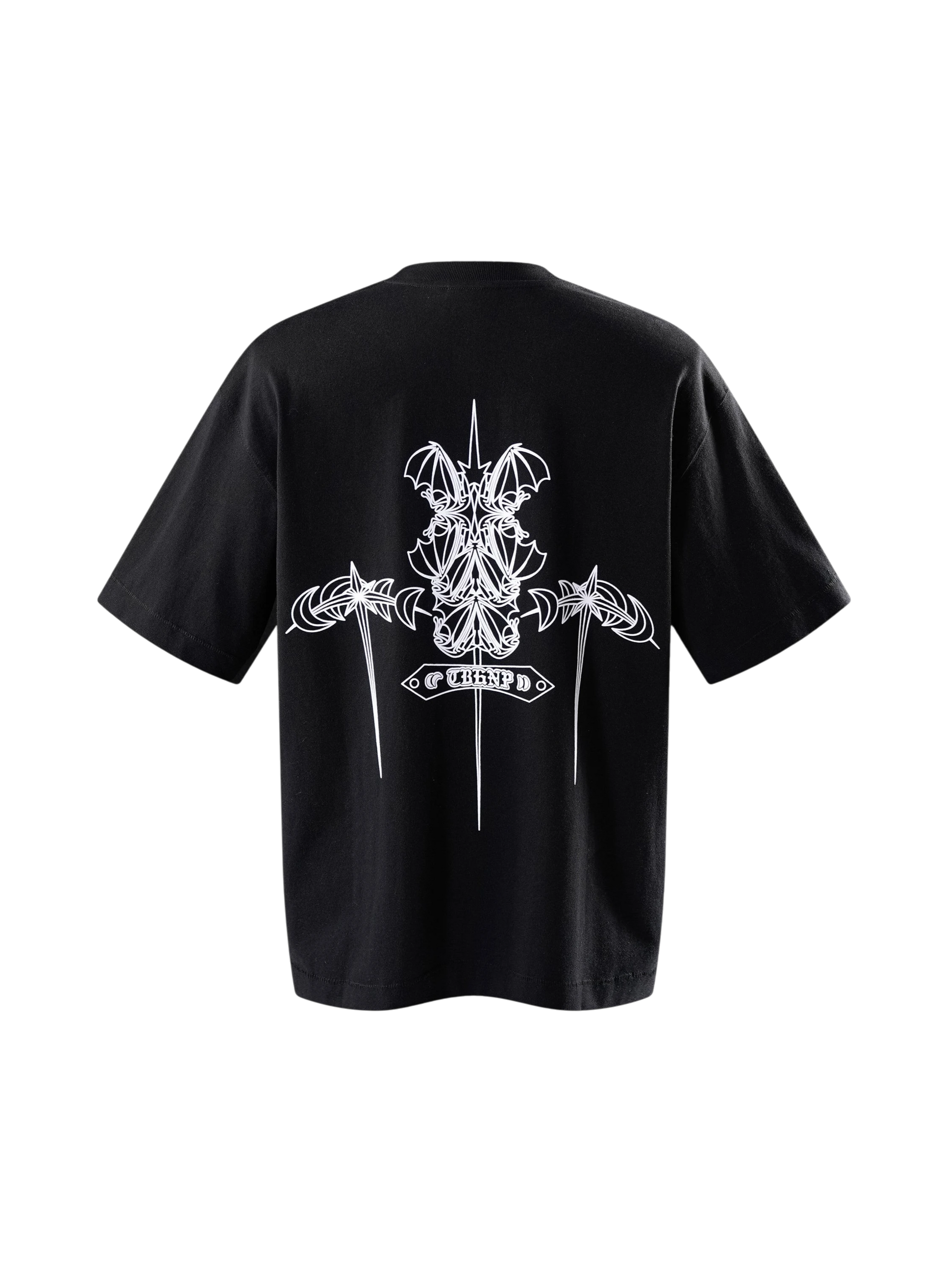TBHNP black Emblem & Shadowbat tee, back flat-lay with emblem graphic — men's streetwear tee