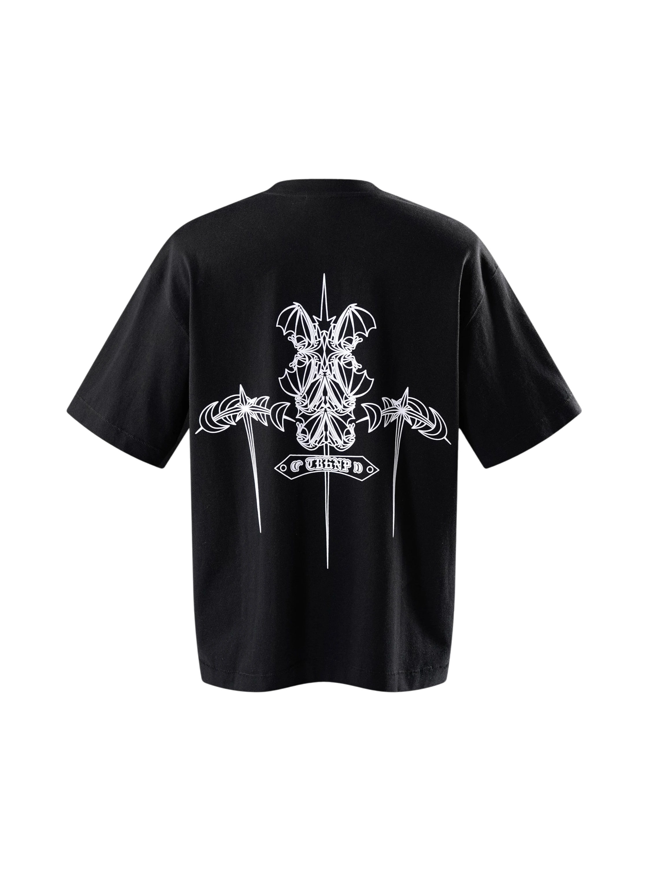 TBHNP black Emblem & Shadowbat tee, back flat-lay with emblem graphic — men's streetwear tee