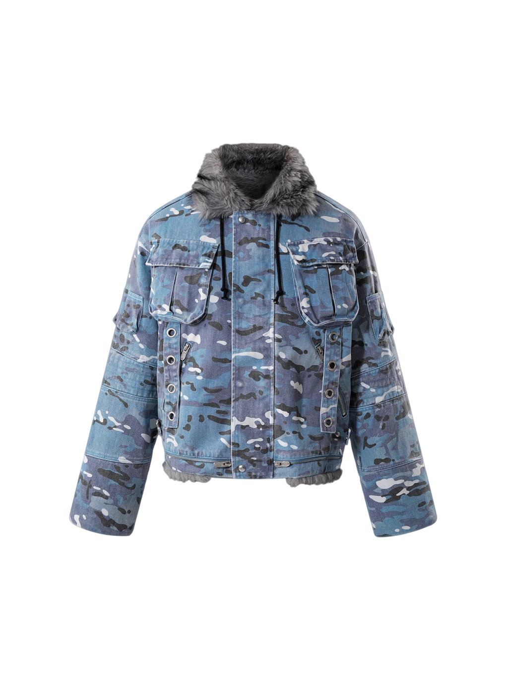 TBHNP Eclipse of the Blood Moon blue camo padded fur-collar jacket — men's streetwear jacket