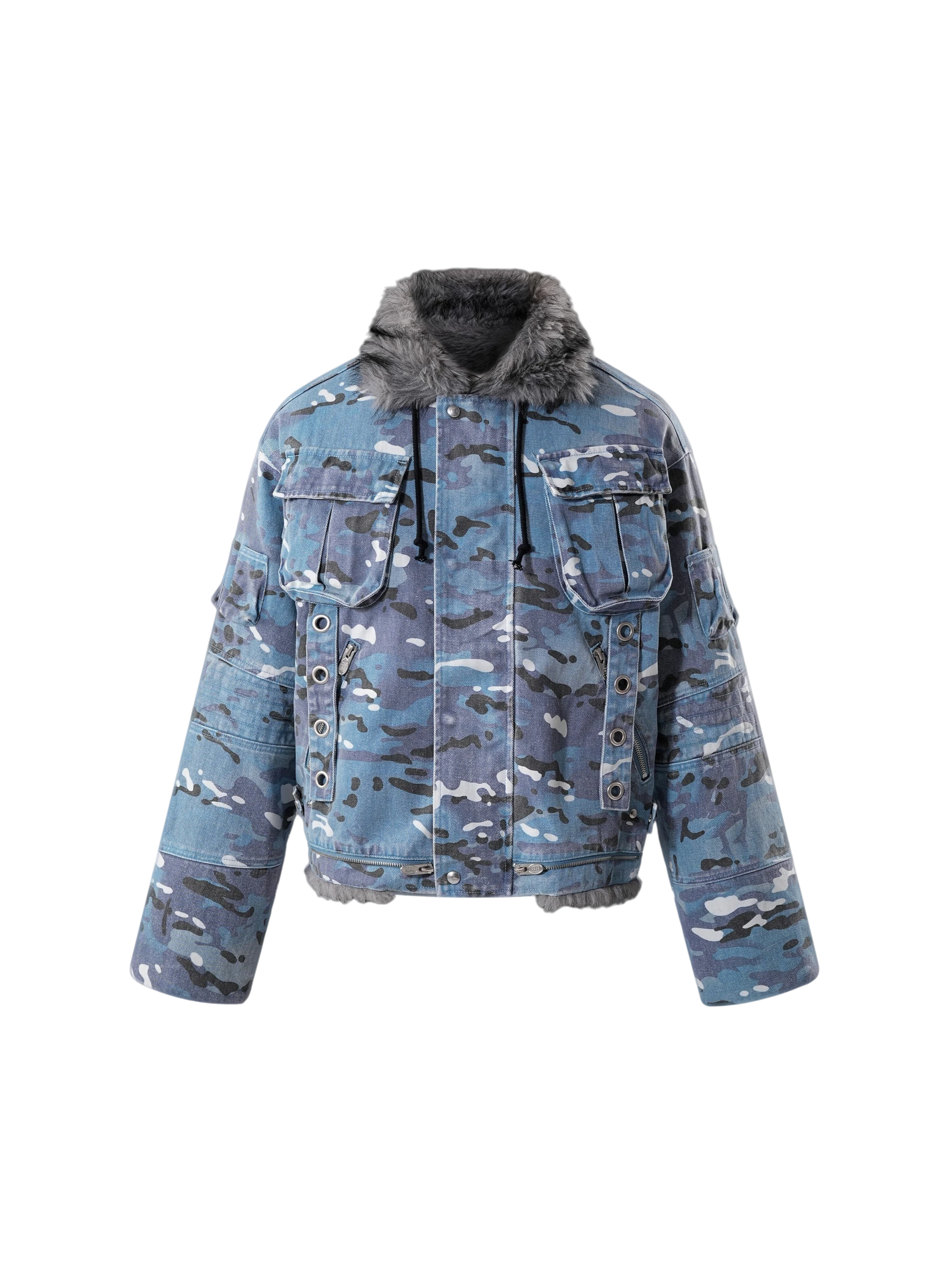 TBHNP Eclipse of the Blood Moon blue camo padded fur-collar jacket — men's streetwear jacket