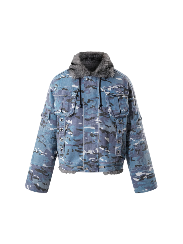 BLUE CAMO PADDED FUR-COLLAR JACKET