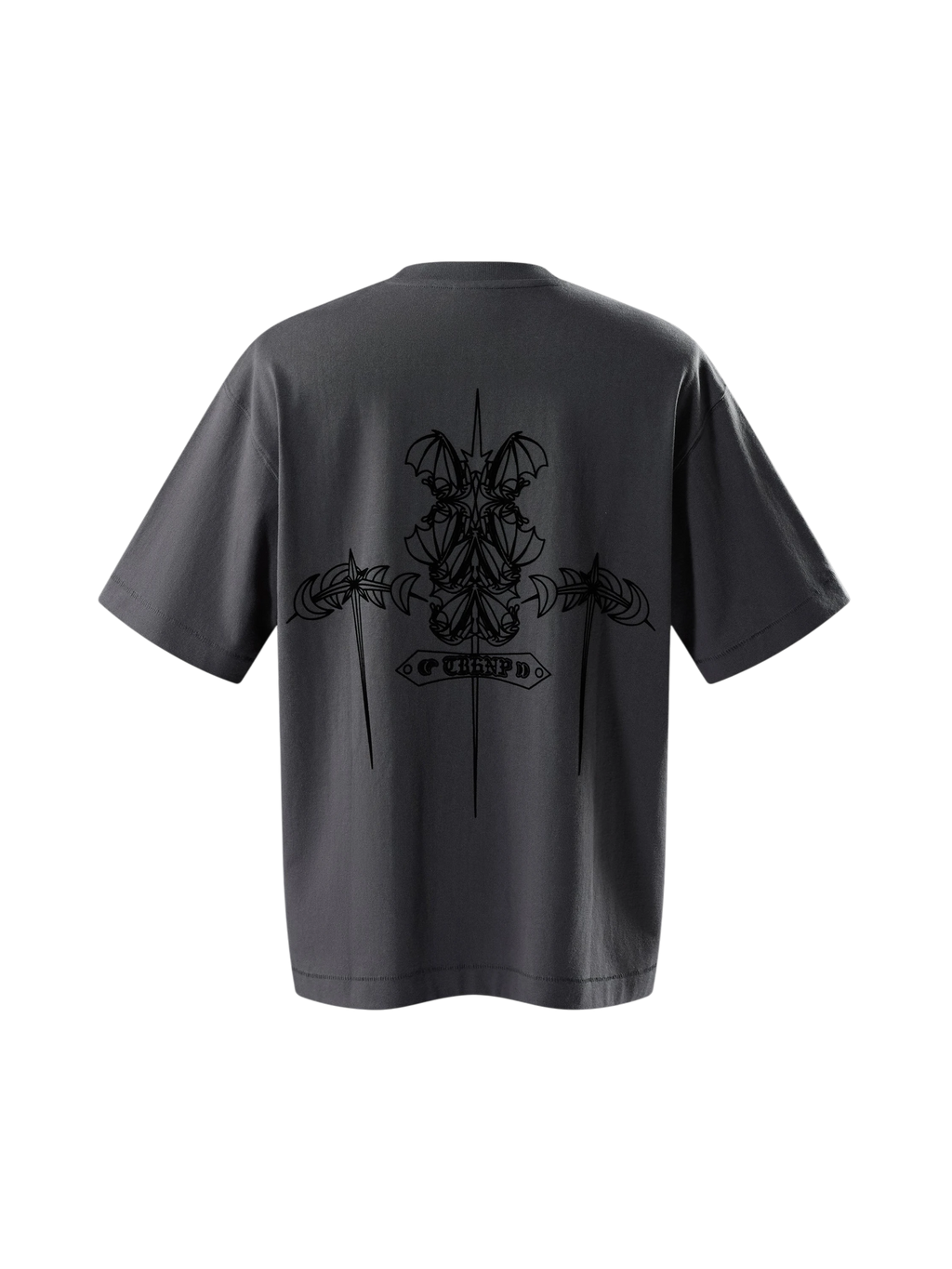 TBHNP dark grey Emblem & Shadowbat tee, back flat-lay with emblem graphic — men's streetwear tee