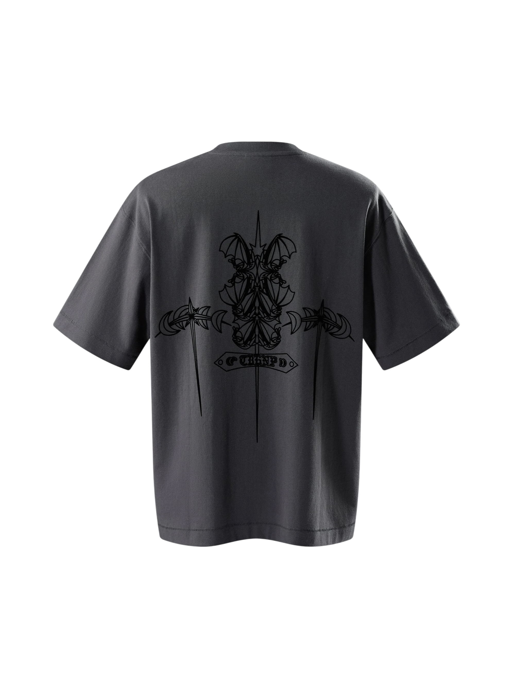 TBHNP dark grey Emblem & Shadowbat tee, back flat-lay with emblem graphic — men's streetwear tee