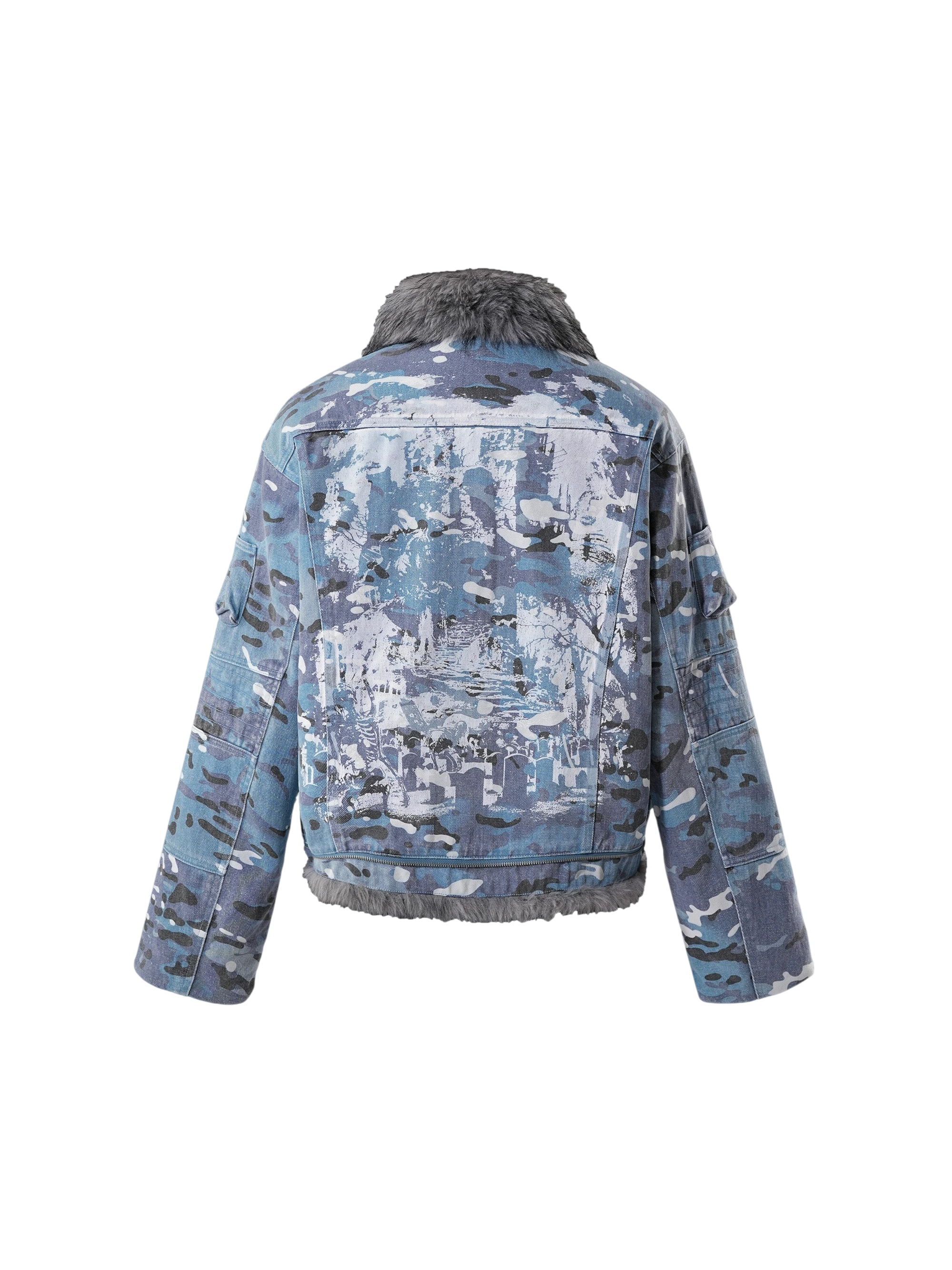 TBHNP Eclipse of the Blood Moon blue camo padded fur-collar jacket — men's streetwear jacket