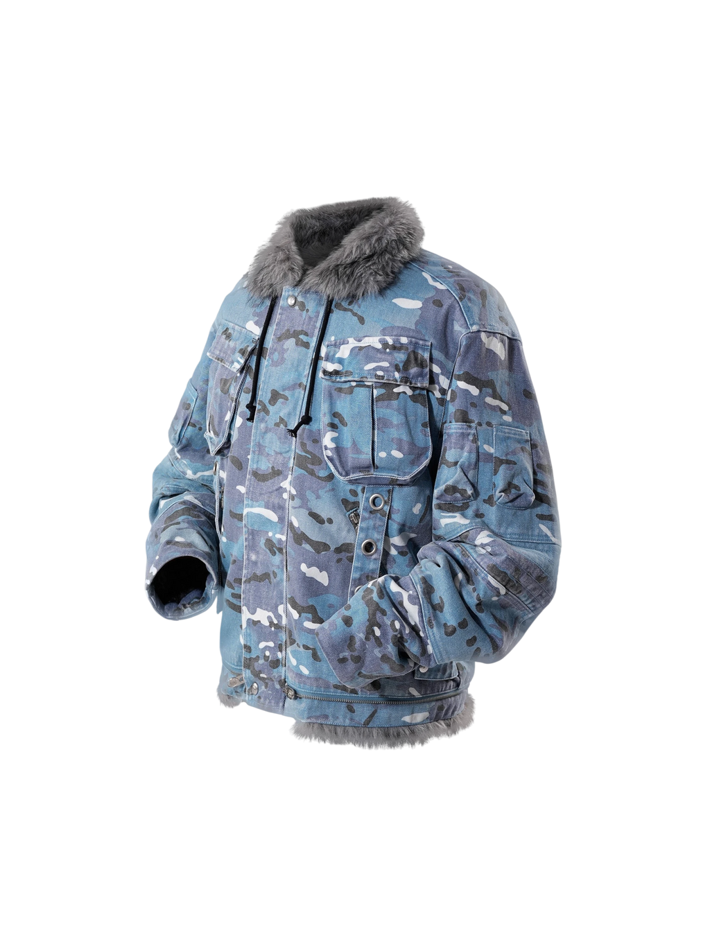 TBHNP Eclipse of the Blood Moon blue camo padded fur-collar jacket — men's streetwear jacket