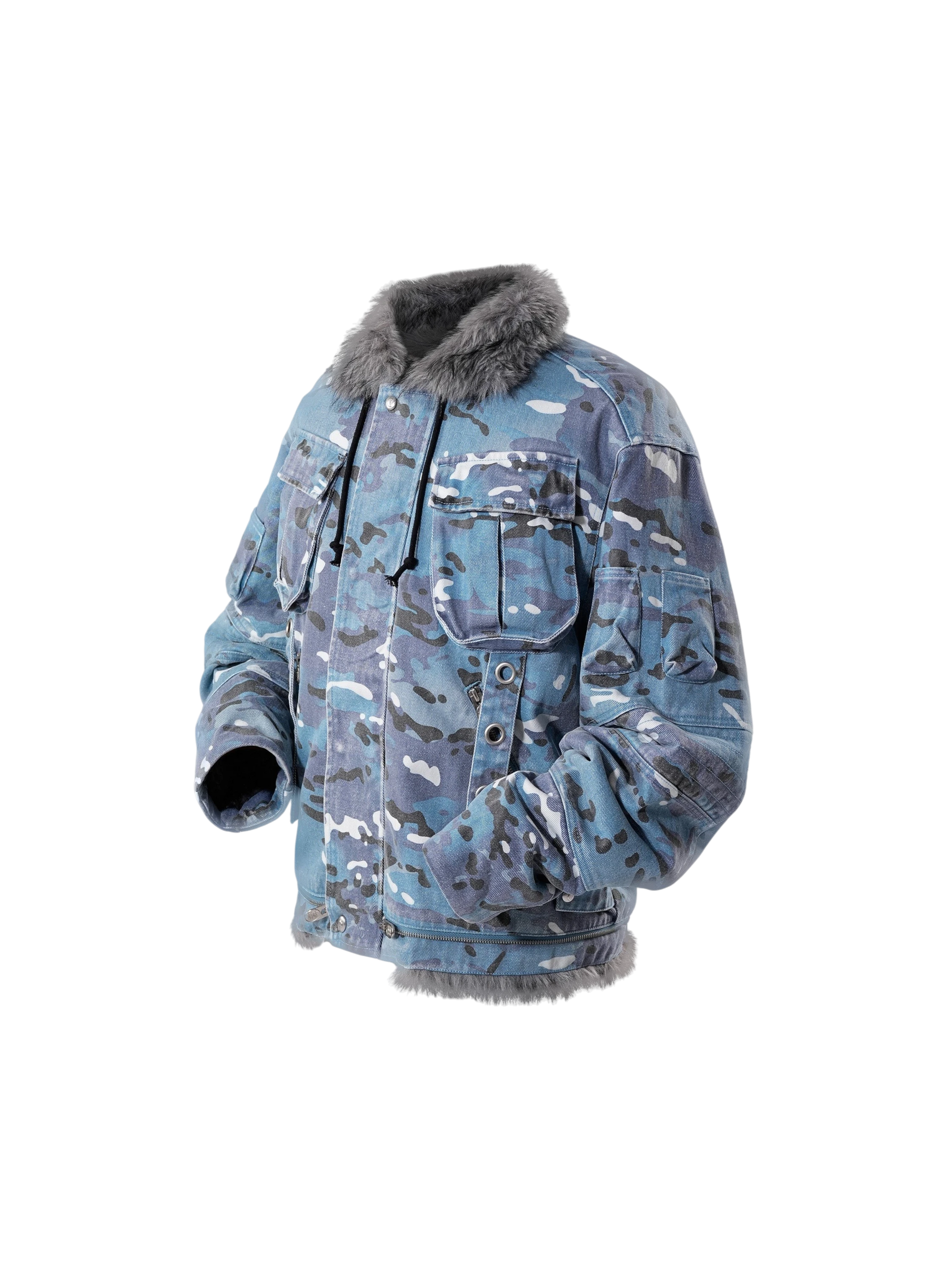TBHNP Eclipse of the Blood Moon blue camo padded fur-collar jacket — men's streetwear jacket