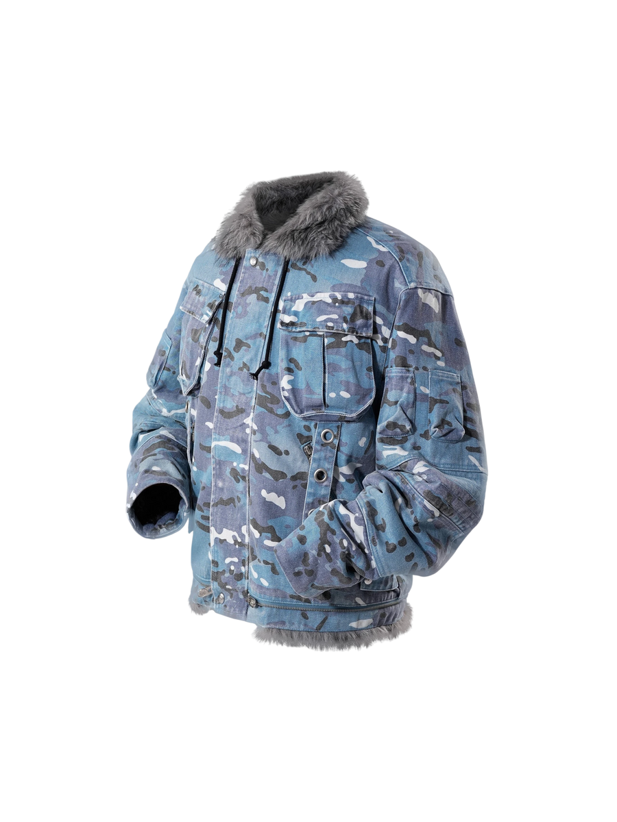 TBHNP Eclipse of the Blood Moon blue camo padded fur-collar jacket — men's streetwear jacket