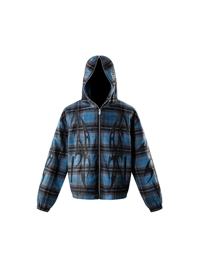 KNIGHT EMBROIDERED PLAID ZIP HOODED SHIRT