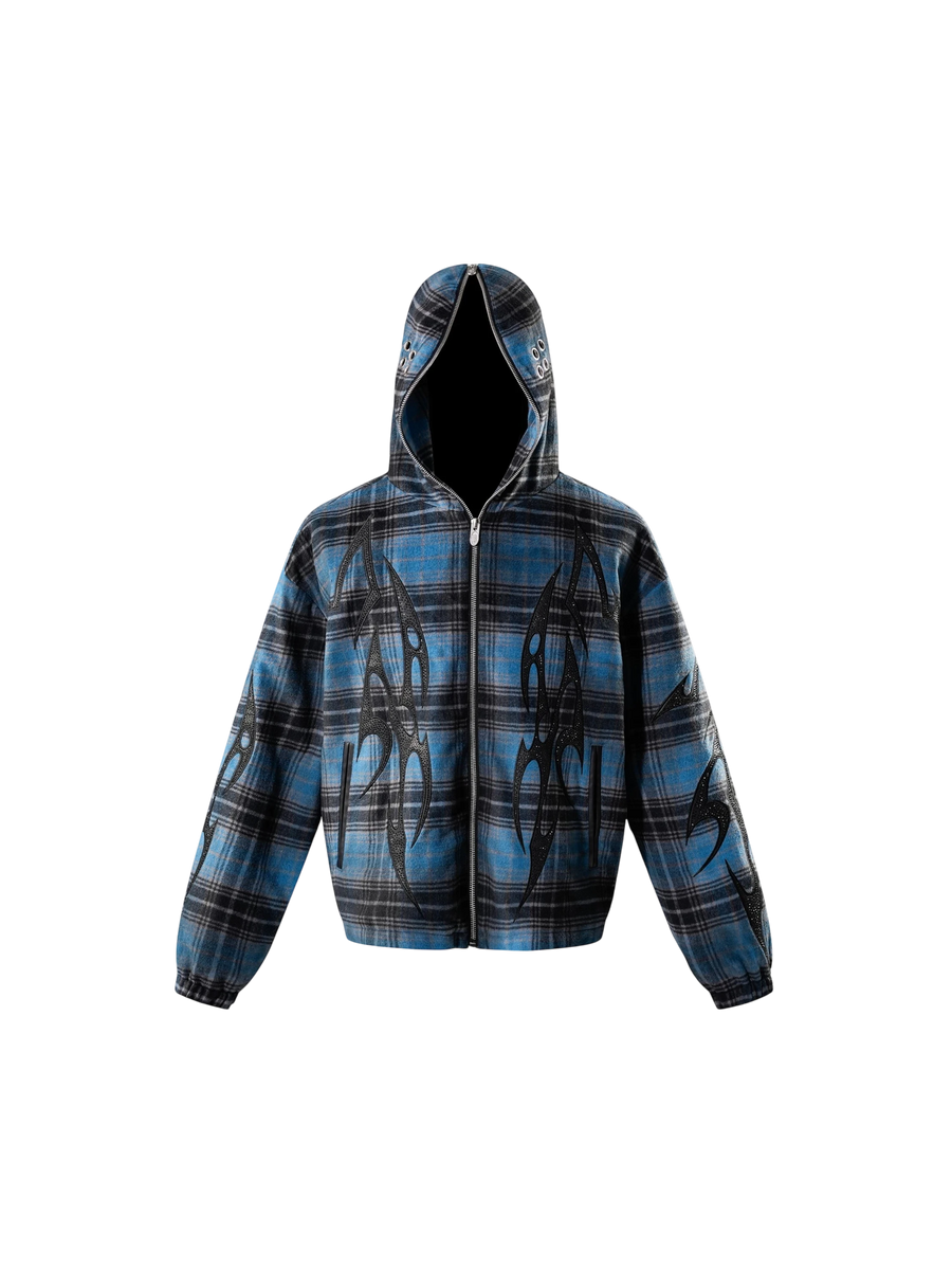 ECLIPSE OF THE BLOOD MOON KNIGHT EMBROIDERED PLAID ZIP HOODED SHIRT