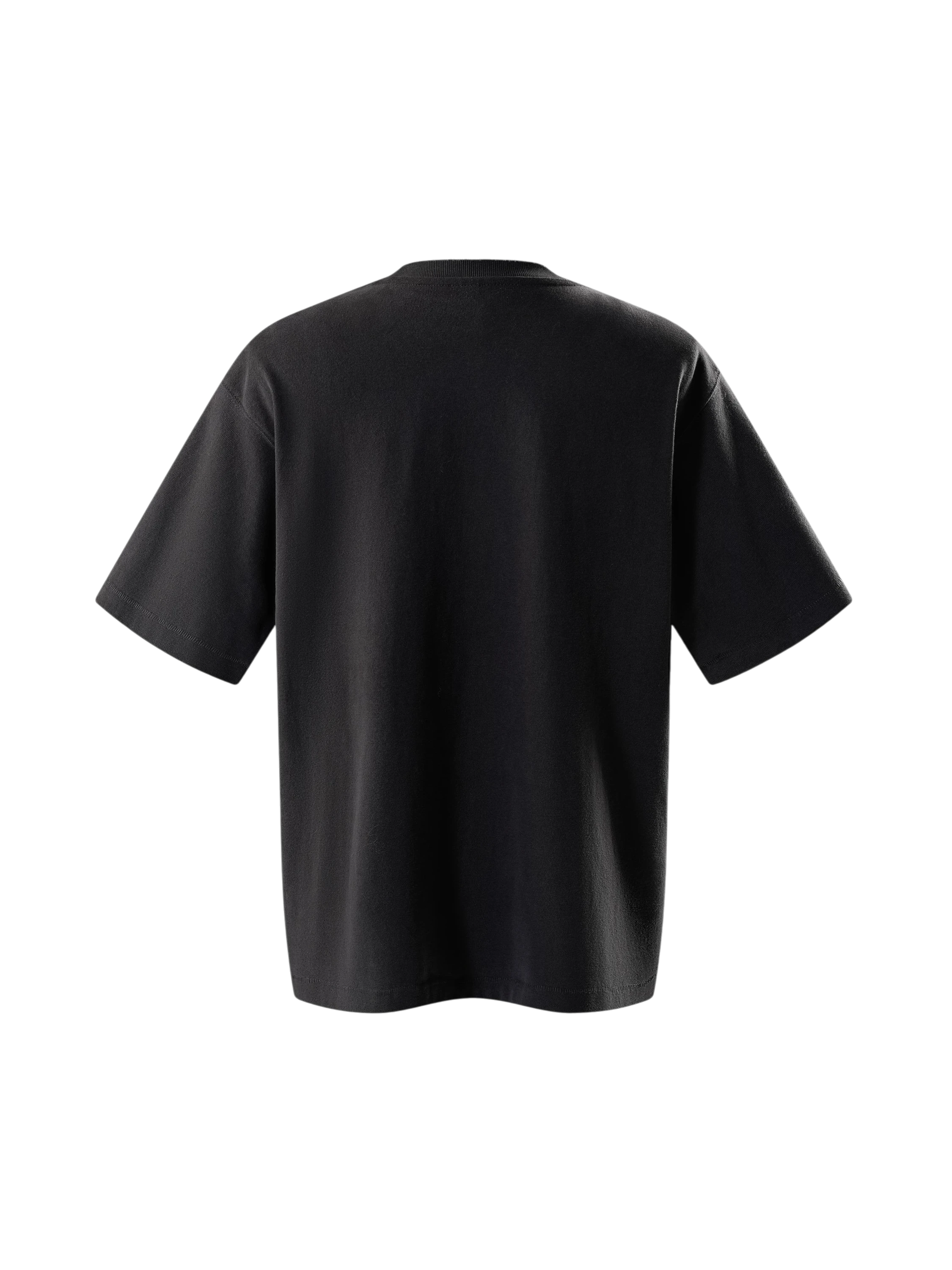 Close-up of the knight sword-and-shield print on TBHNP dark grey tee — men's streetwear detail