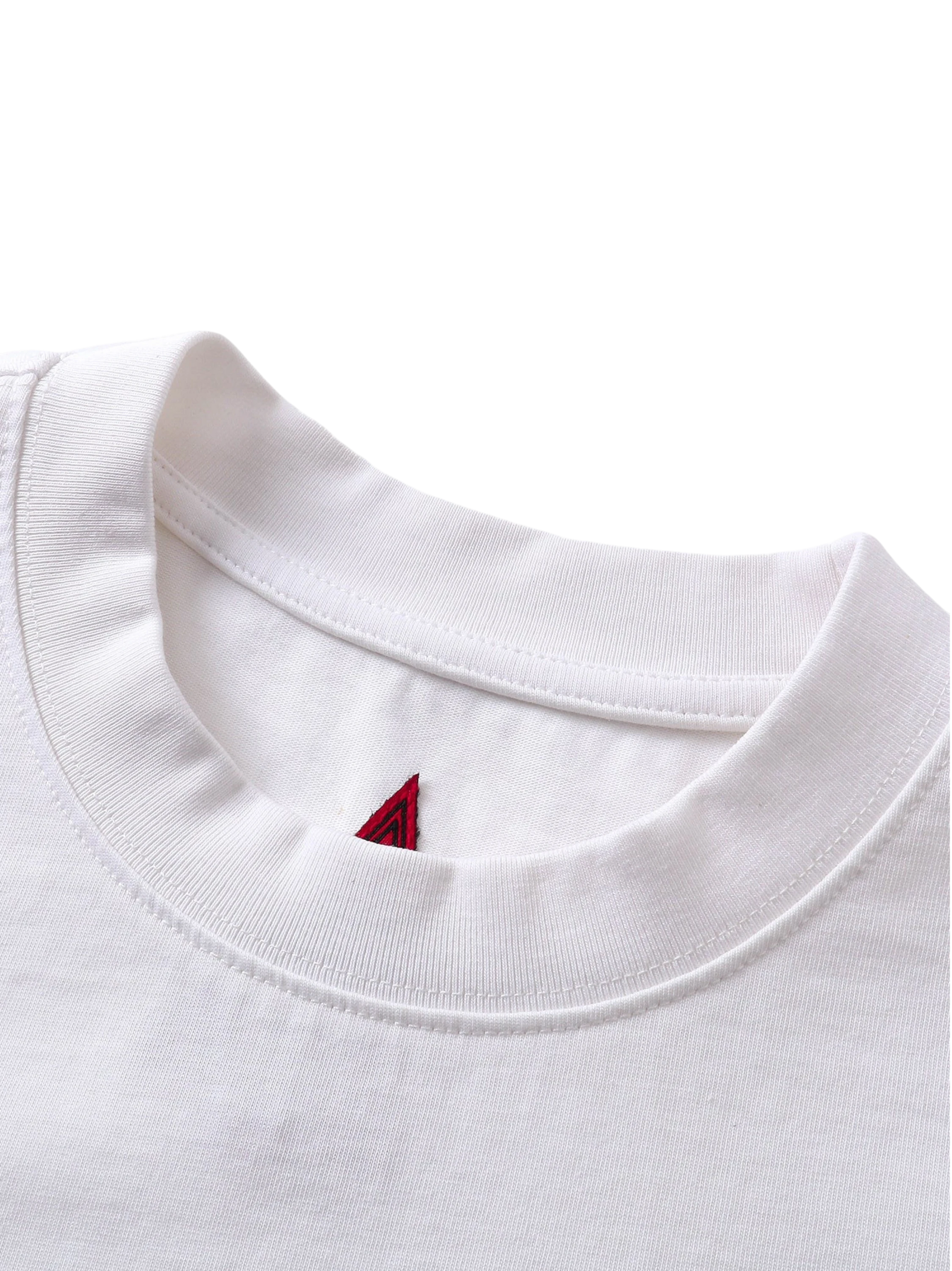 Close-up of the narrow elastic neckline on TBHNP white short-sleeve tee — men's streetwear detail