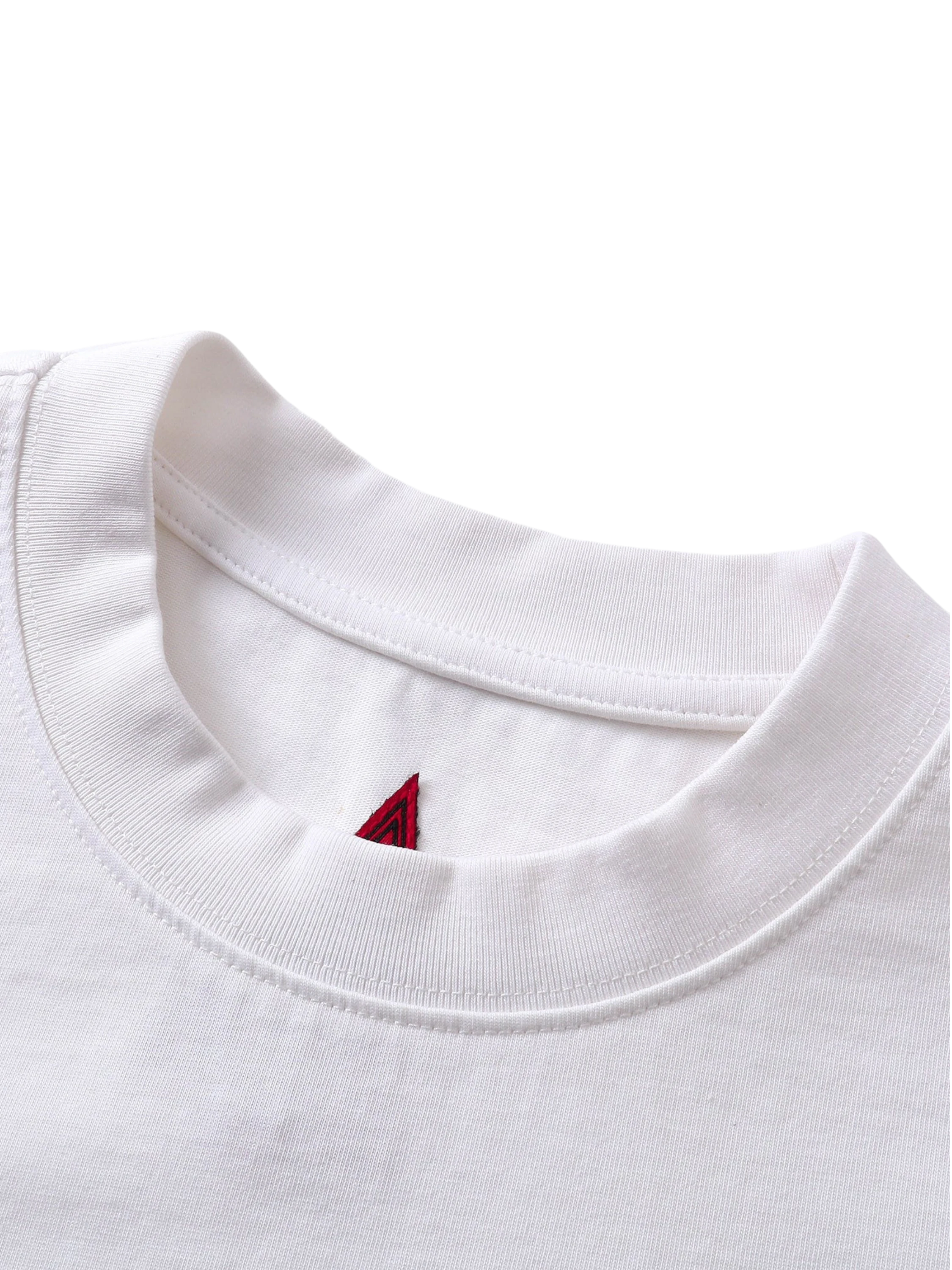 Close-up of the narrow elastic neckline on TBHNP white short-sleeve tee — men's streetwear detail