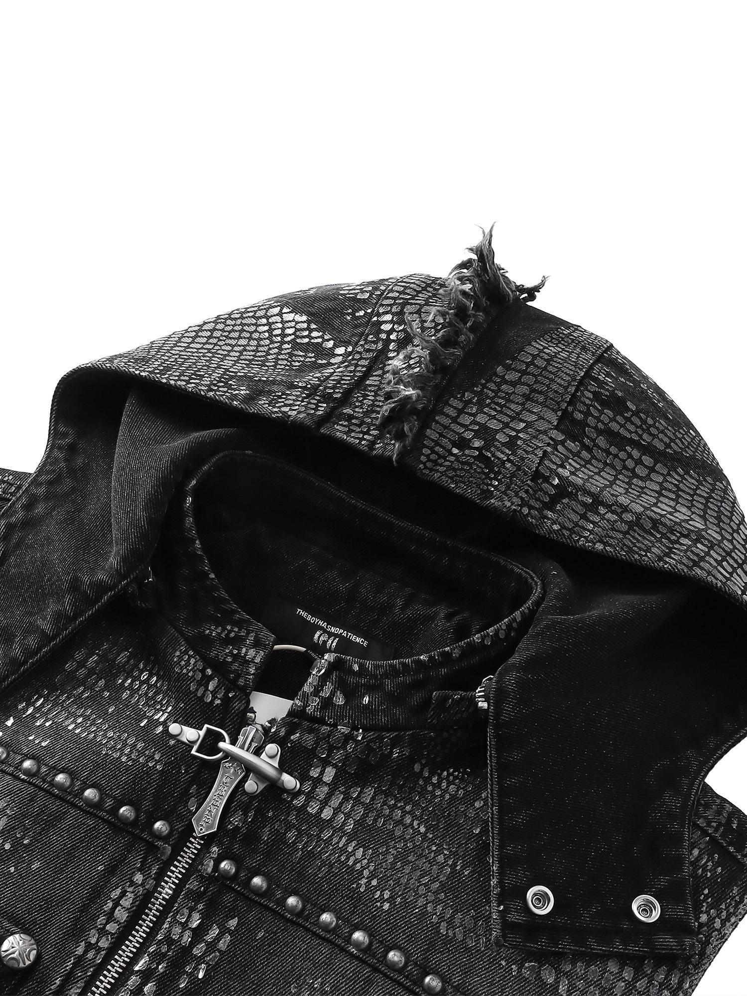 TBHNP Luminous Dawn cobweb distressed denim vest — men's streetwear vest