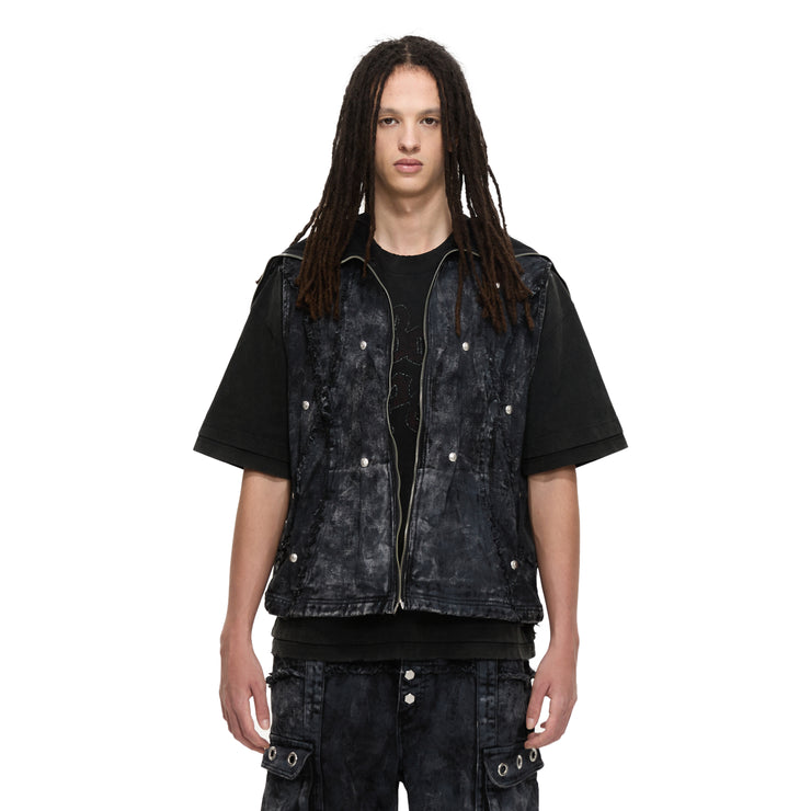 ECLIPSE OF THE BLOOD MOON BRUSHED TEXTURE DENIM HOODED VEST