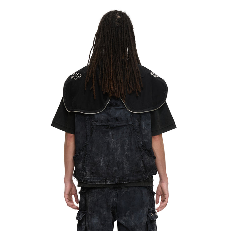 ECLIPSE OF THE BLOOD MOON BRUSHED TEXTURE DENIM HOODED VEST