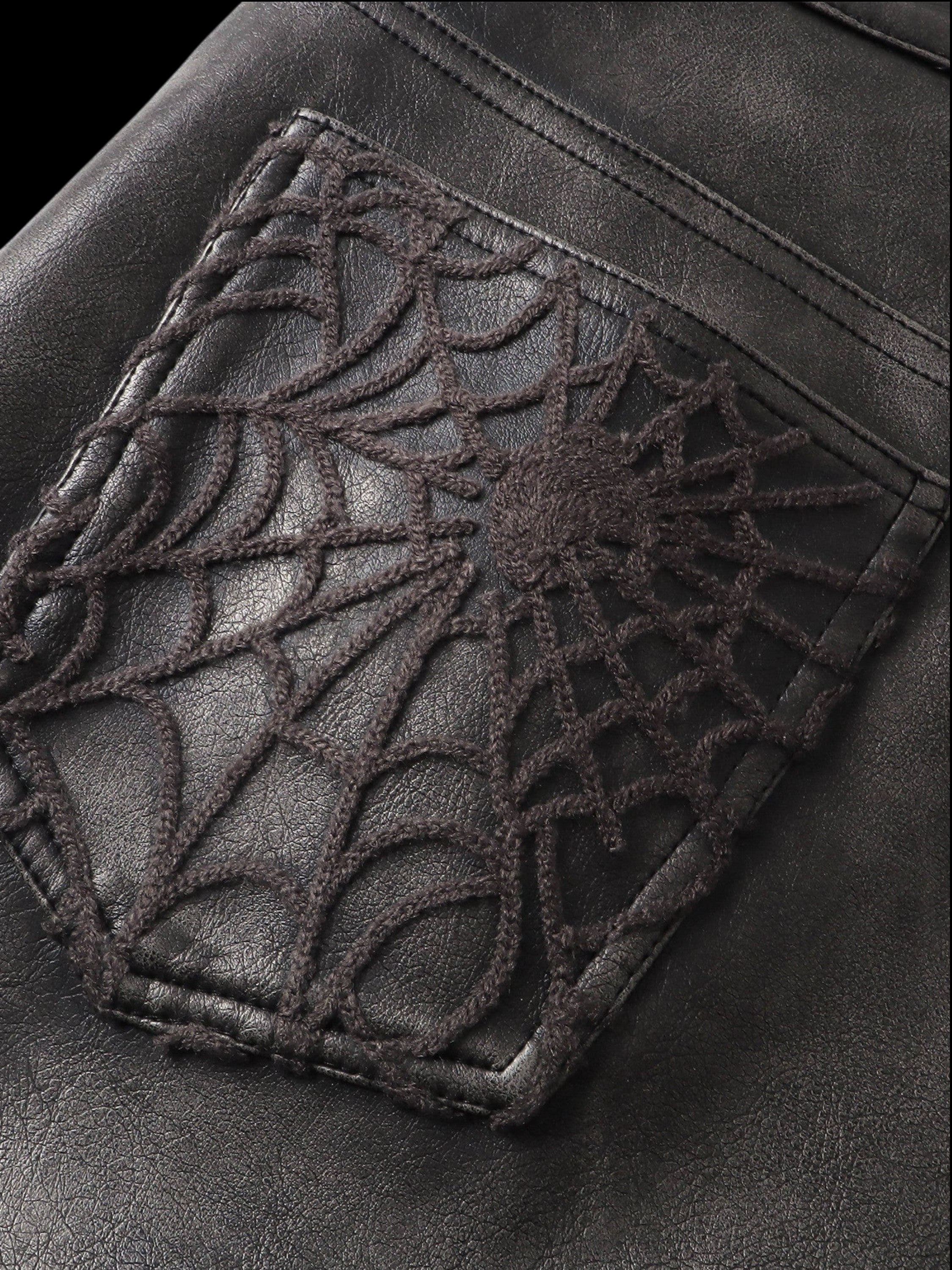 TBHNP Eclipse of the Blood Moon cobweb embroidered faux leather pants — men's gothic streetwear trousers