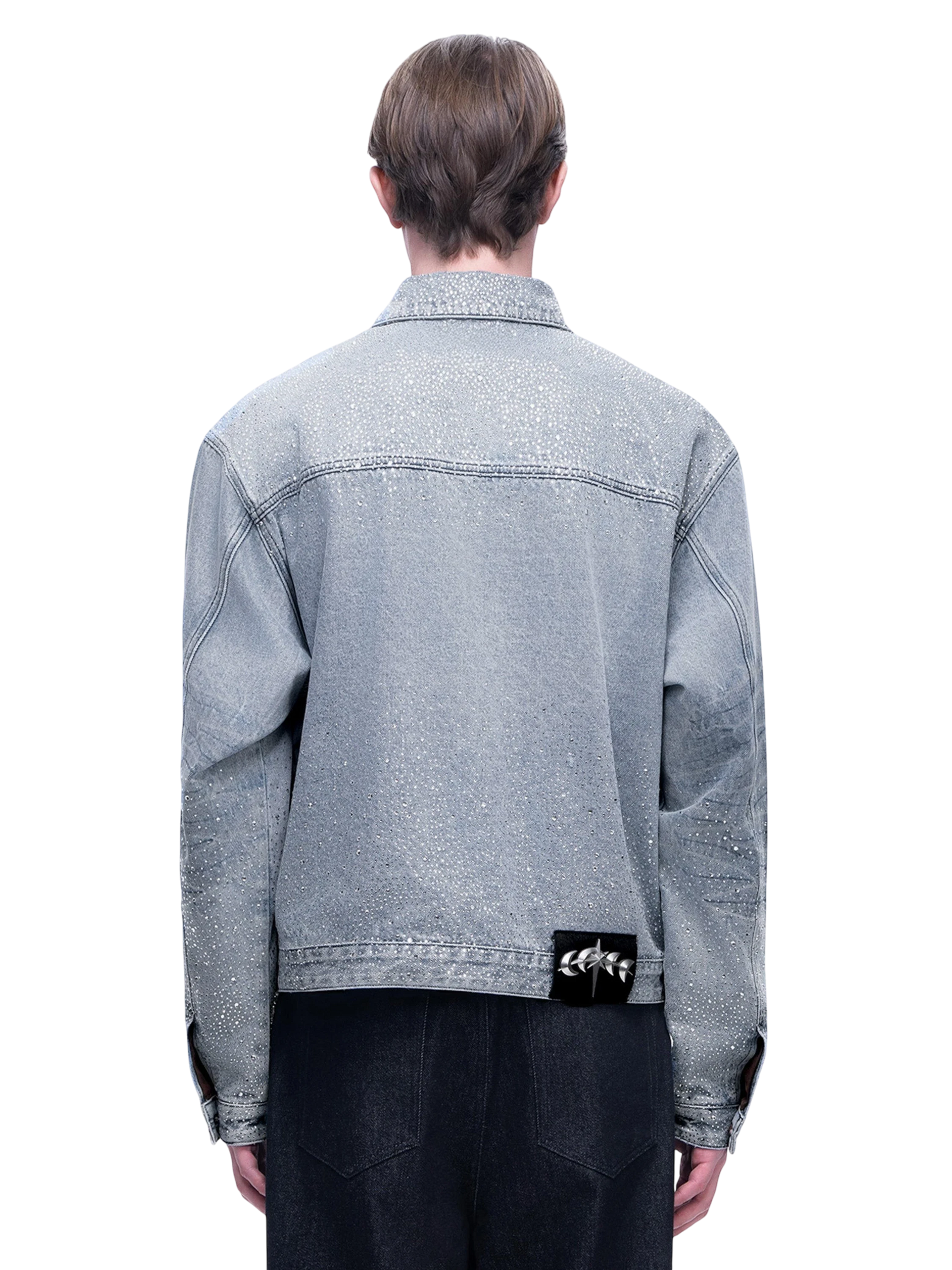 TBHNP Luminous Dawn rhinestone denim trucker jacket, blue — men's streetwear jacket