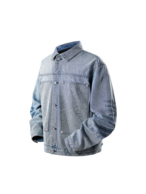 LUMINOUS DAWN RHINESTONE PEARL MESH DENIM JACKET