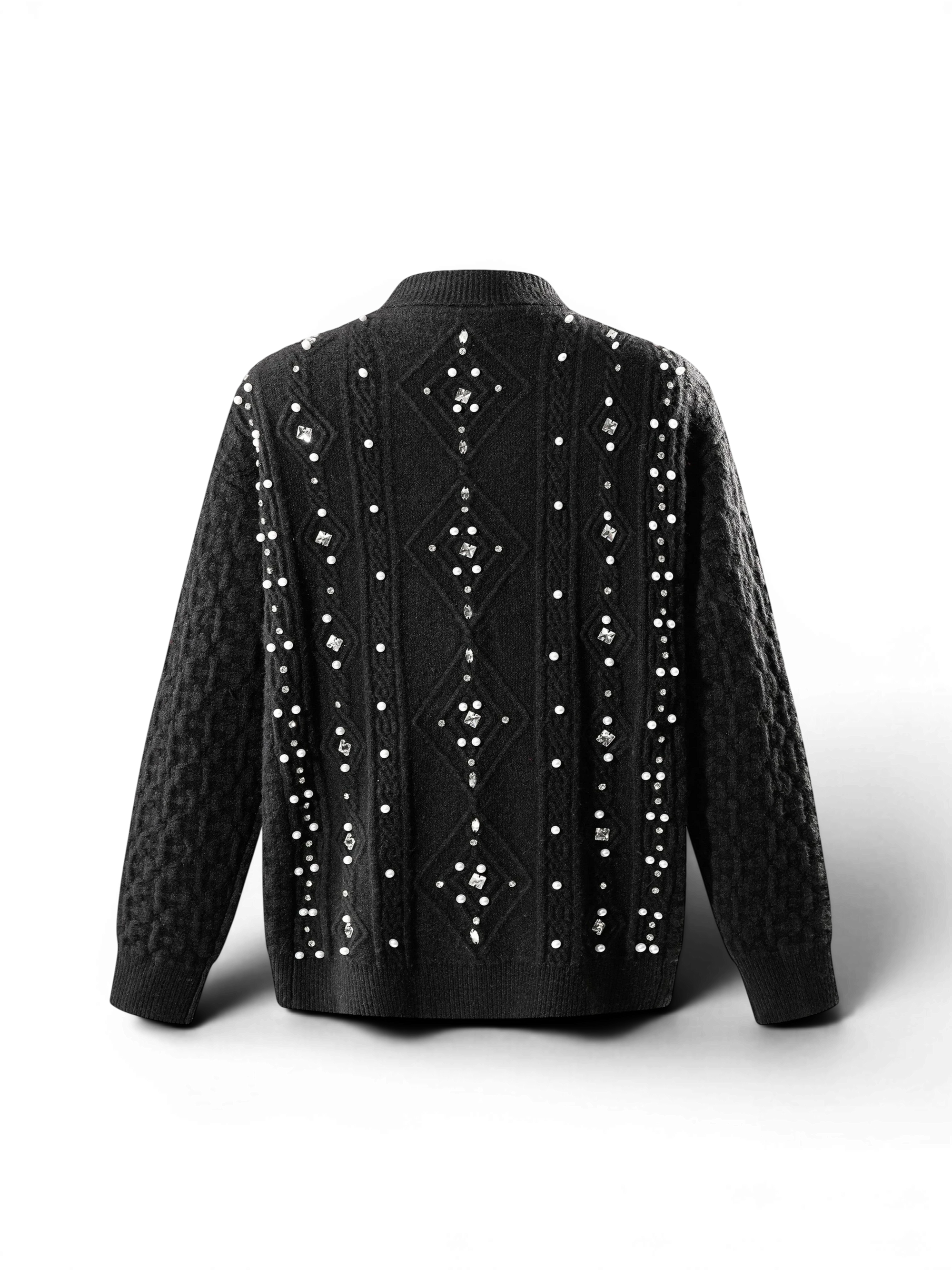 TBHNP Luminous Dawn rhinestone cable-knit cardigan, black — men's streetwear knitwear