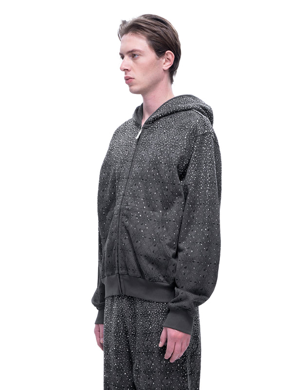 LUMINOUS DAWN DARK PATTERN RHINESTONE ZIP HOODIE