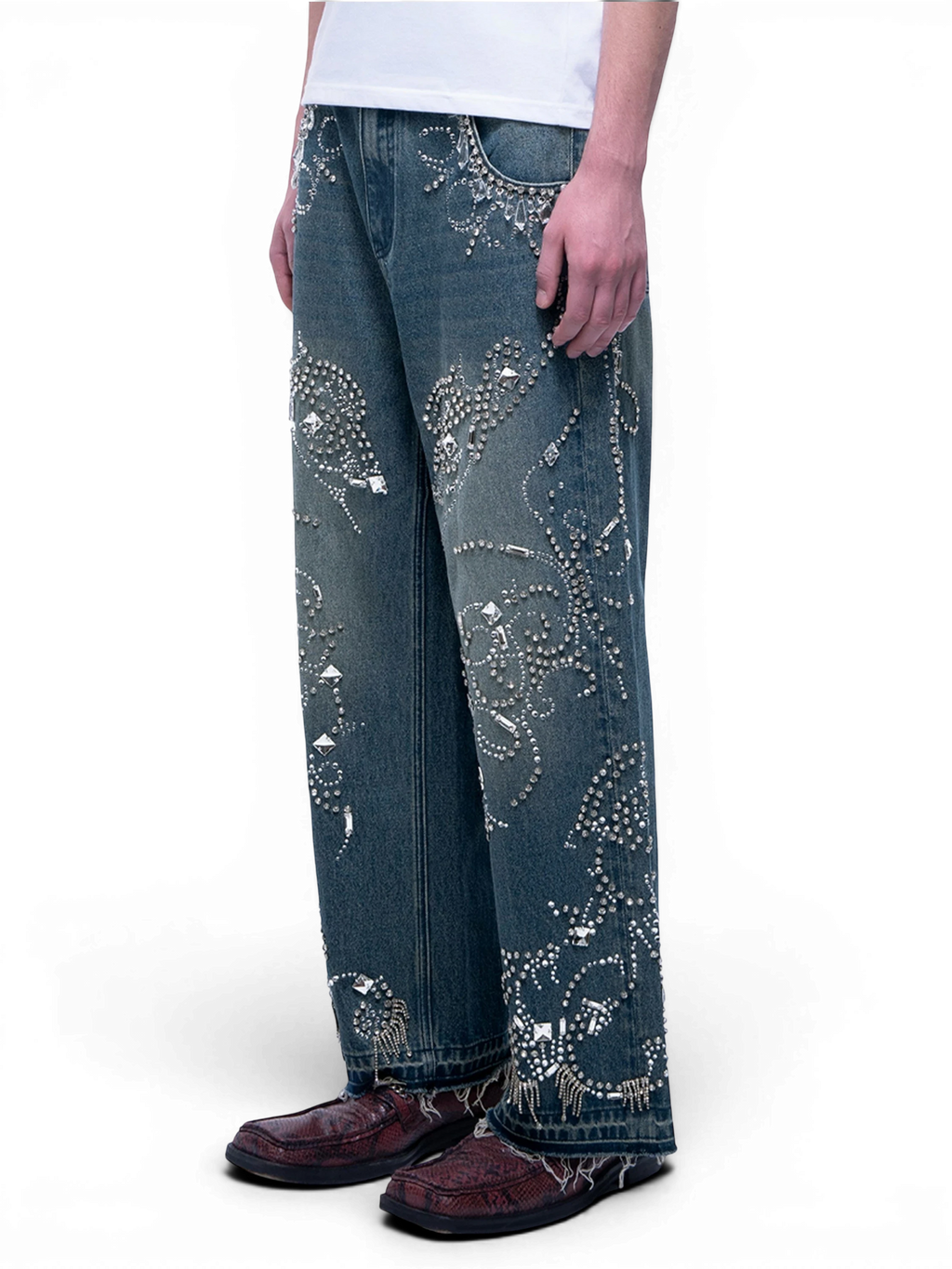 LUMINOUS DAWN RHINESTONE PAISLEY WIDE-LEG JEANS
