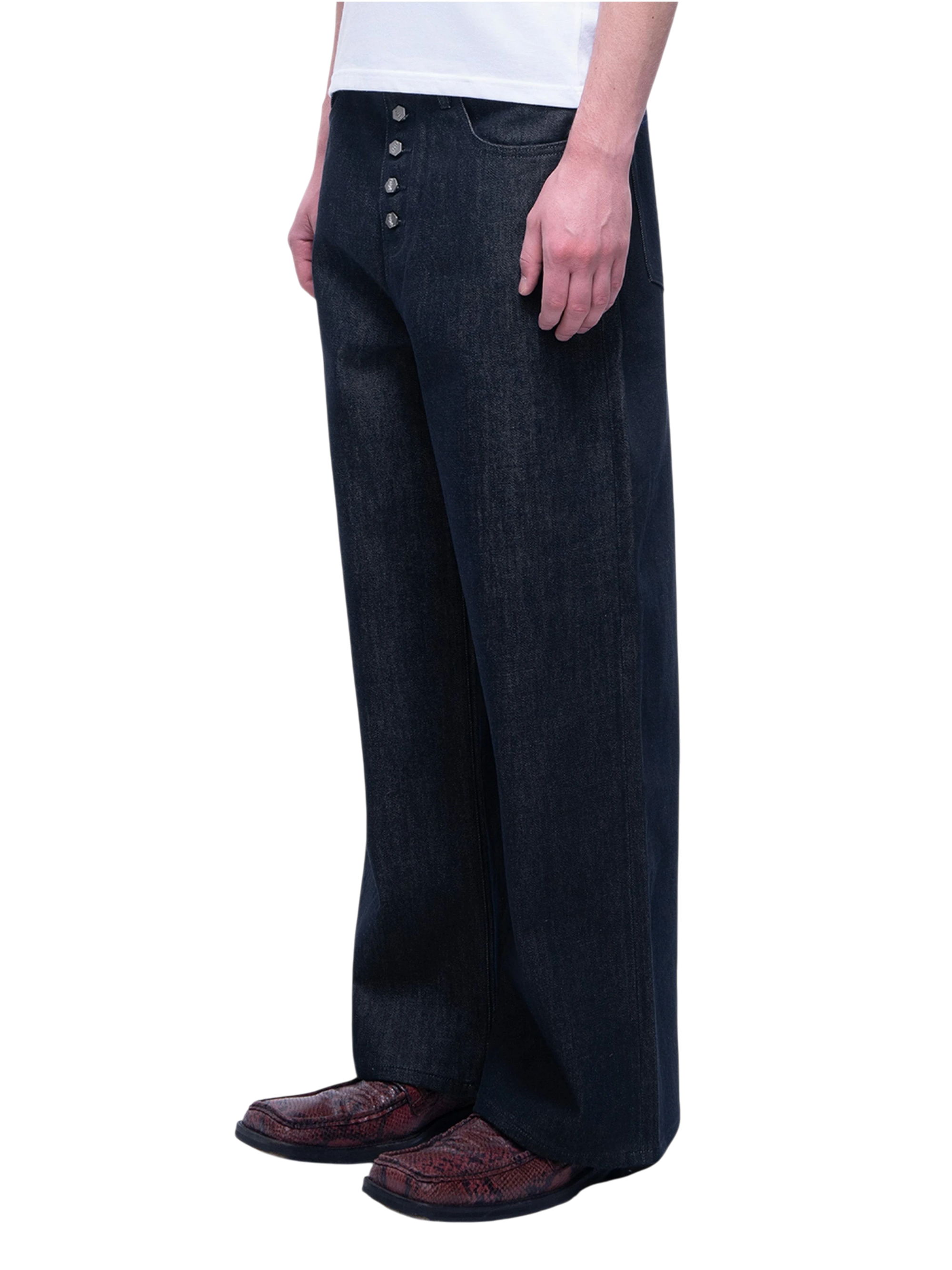 TBHNP Luminous Dawn button-fly wide-leg jeans, dark blue — men's streetwear denim