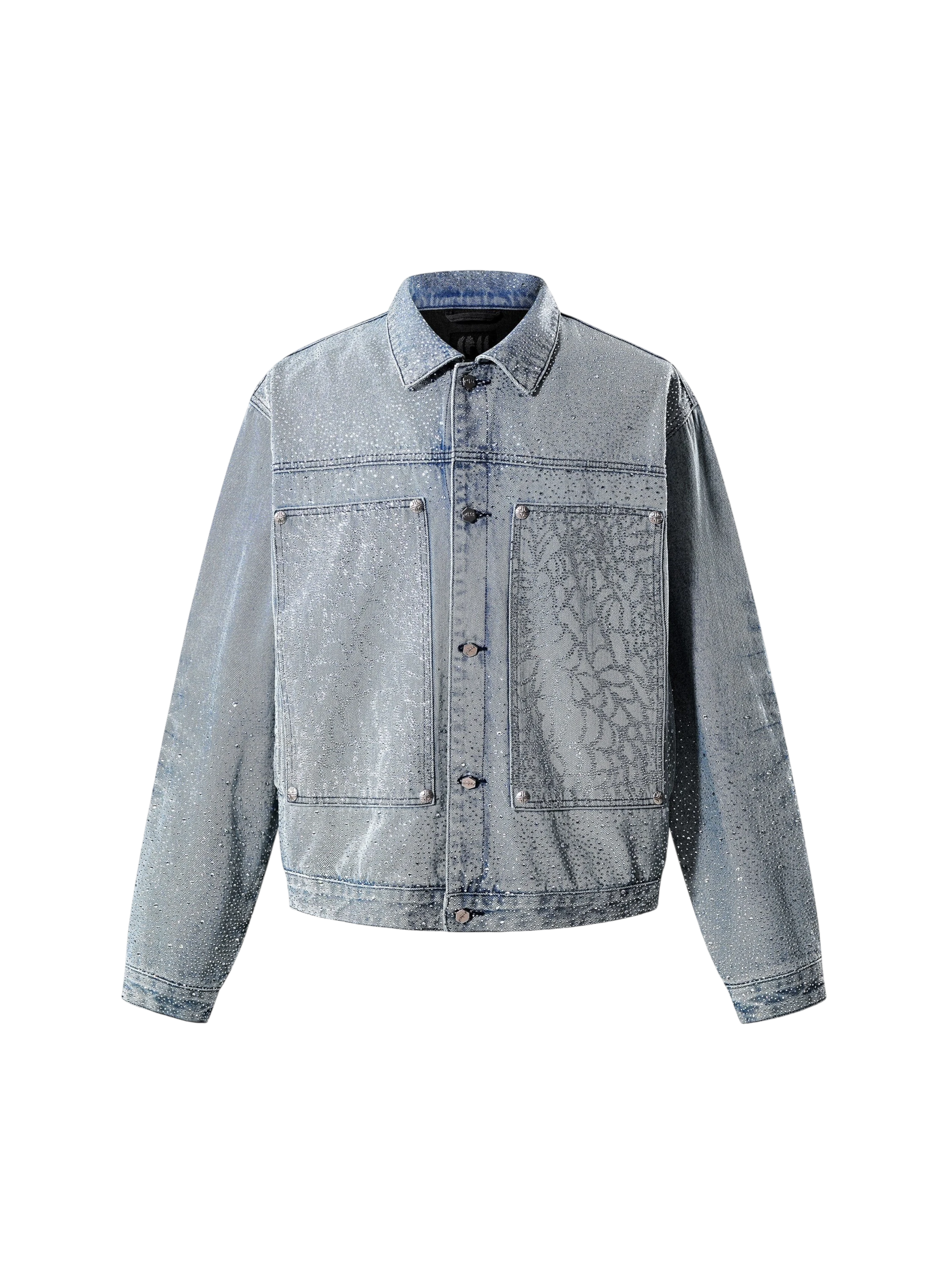 TBHNP Luminous Dawn rhinestone denim trucker jacket, blue — men's streetwear jacket