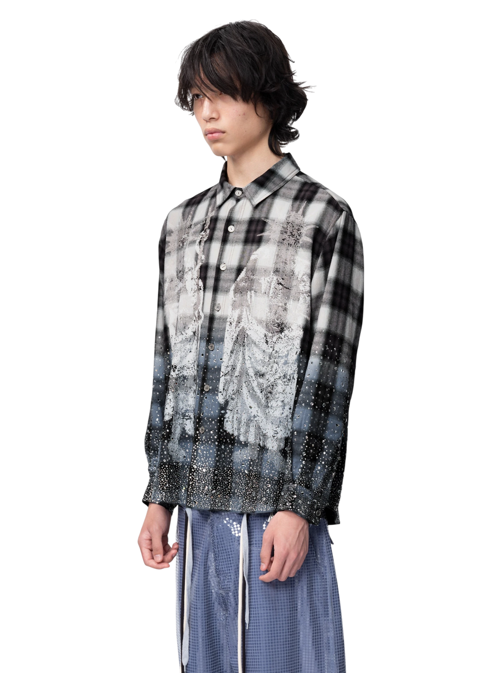 TBHNP Disciple Double Saint rhinestone plaid flannel shirt — men's gothic streetwear button-up