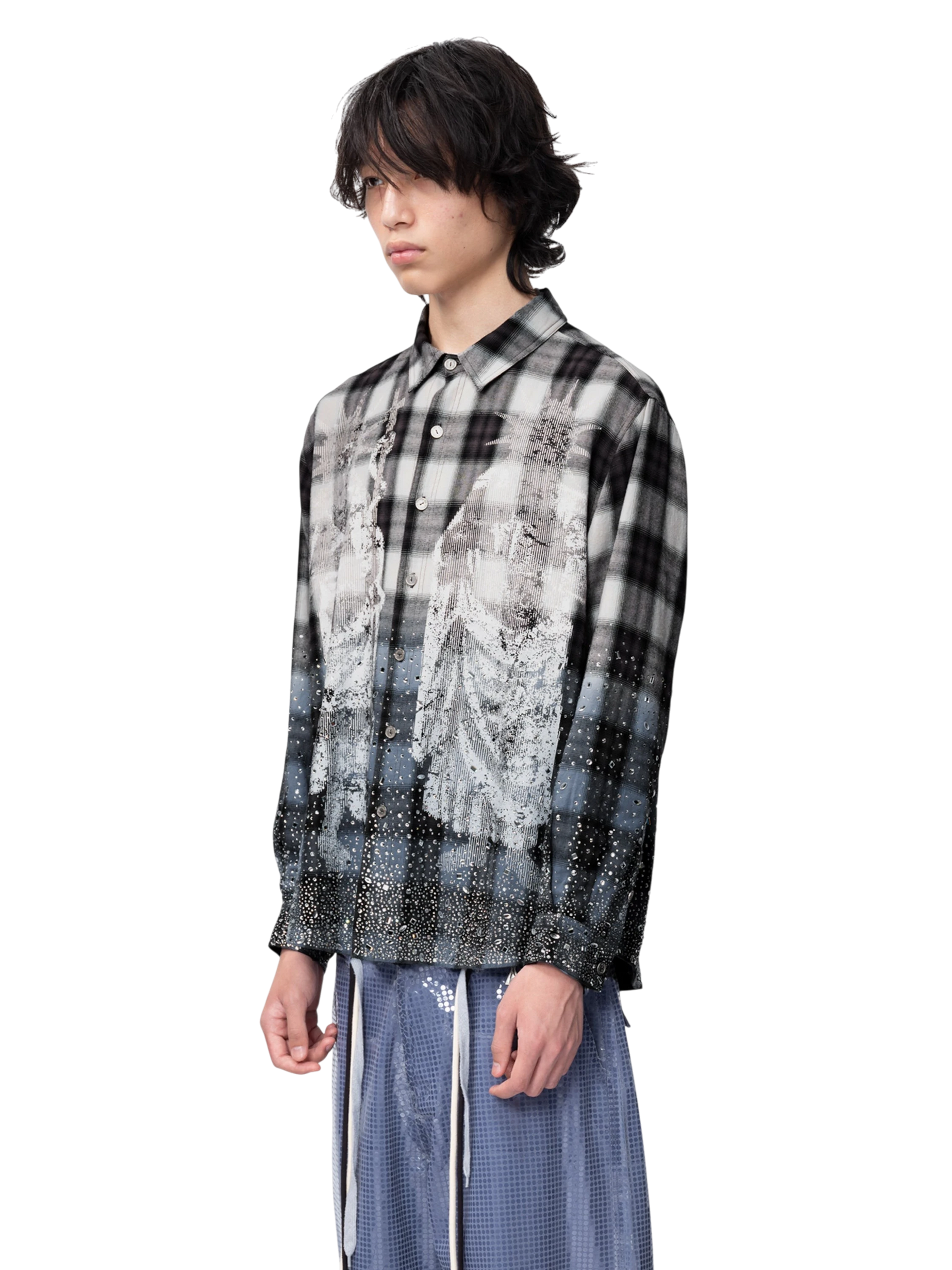 TBHNP Disciple Double Saint rhinestone plaid flannel shirt — men's gothic streetwear button-up