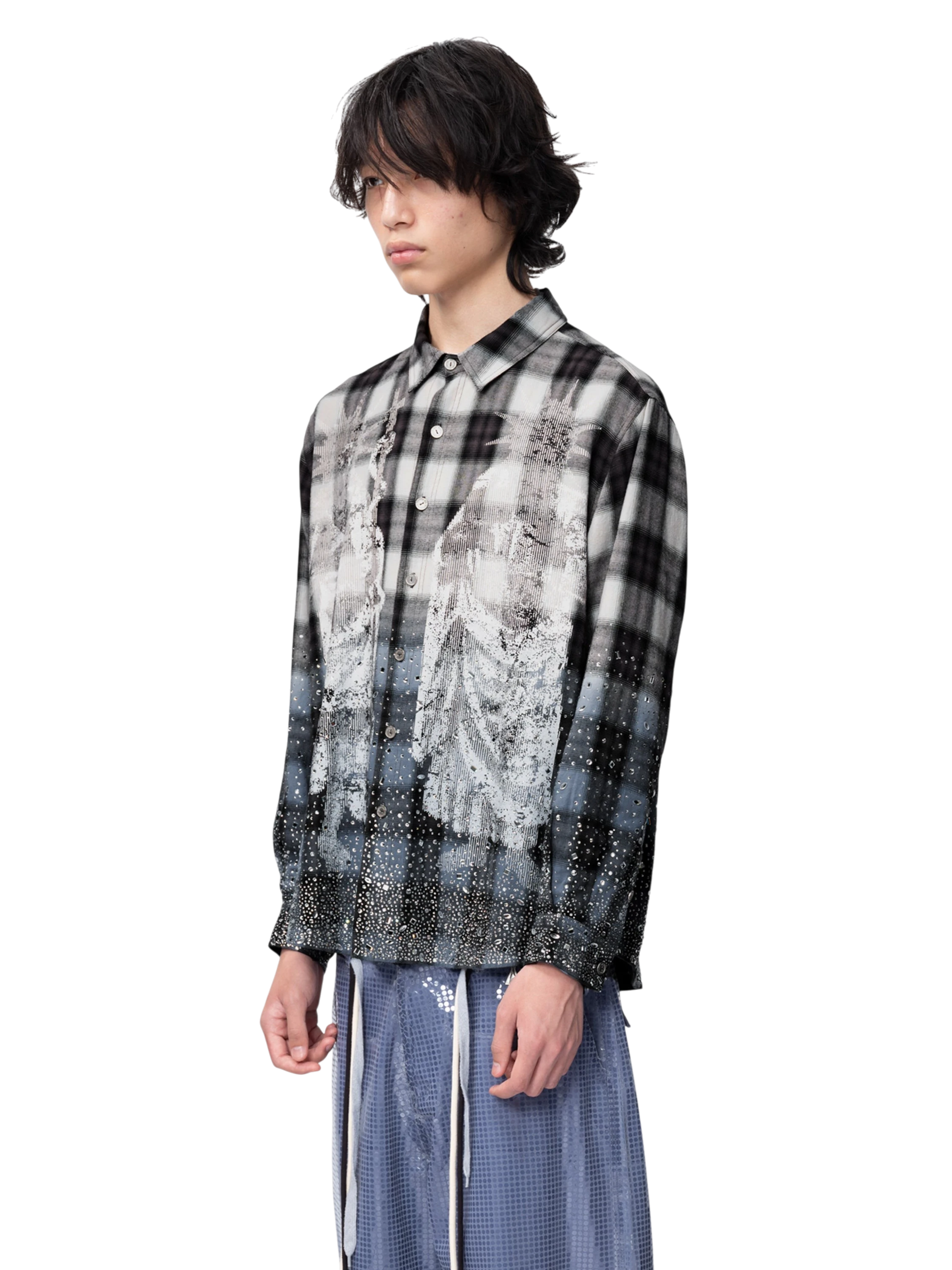 TBHNP Disciple Double Saint rhinestone plaid flannel shirt — men's gothic streetwear button-up