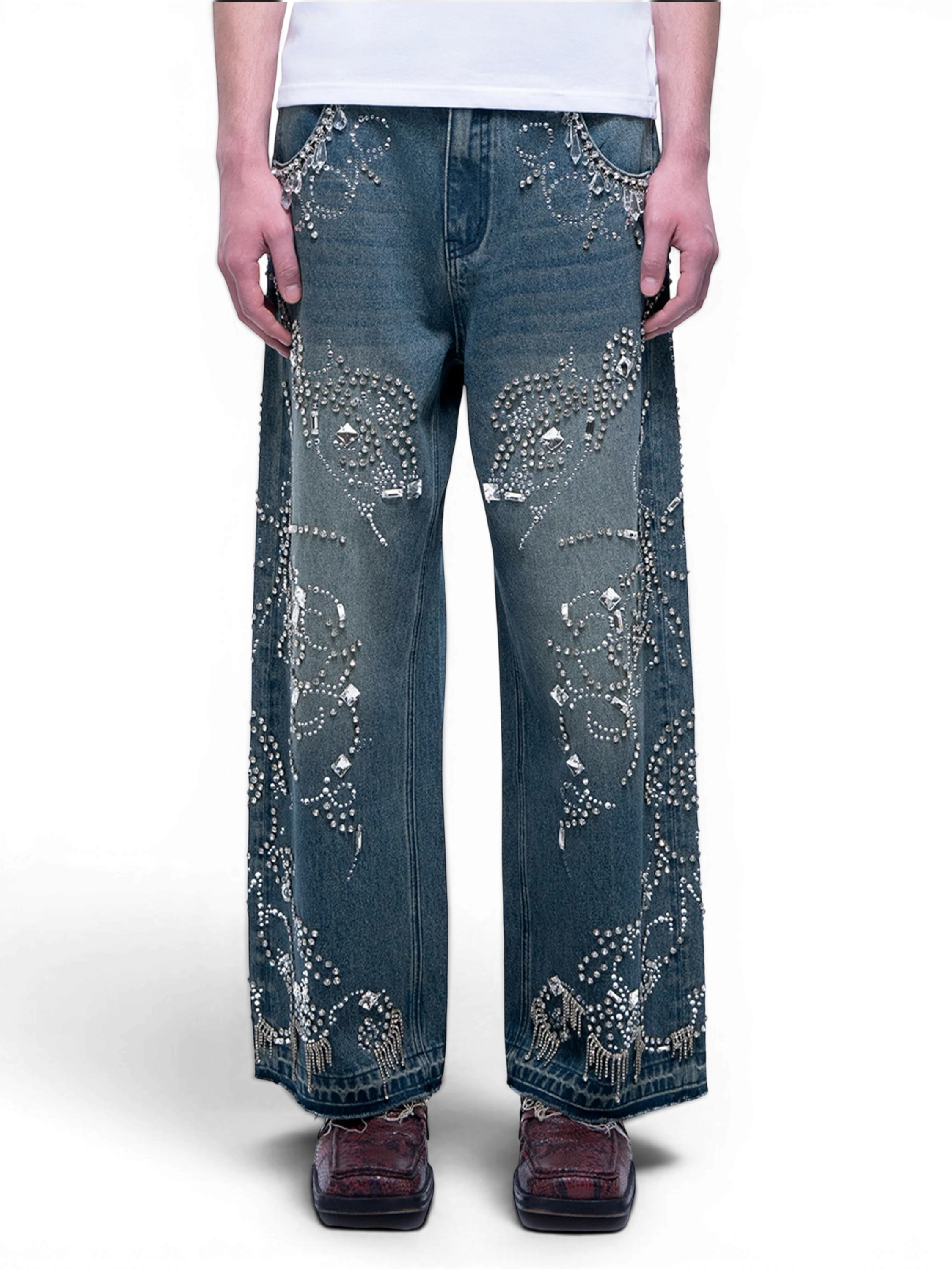 LUMINOUS DAWN RHINESTONE PAISLEY WIDE-LEG JEANS