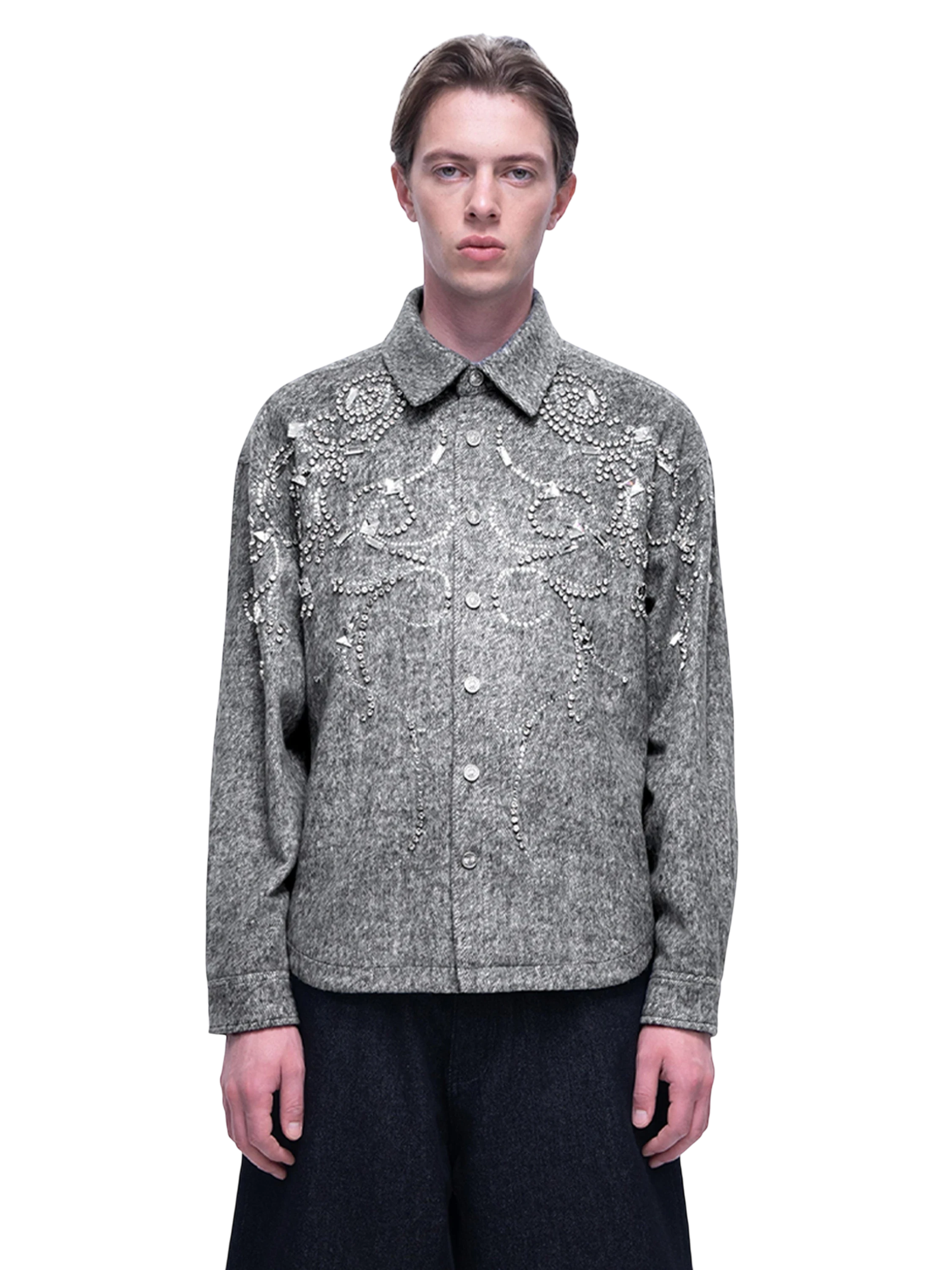 TBHNP Luminous Dawn rhinestone embellished wool-blend shirt — men's gothic streetwear shirt
