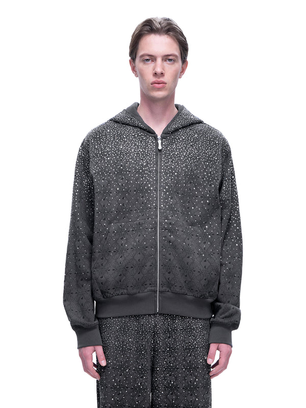 LUMINOUS DAWN DARK PATTERN RHINESTONE ZIP HOODIE