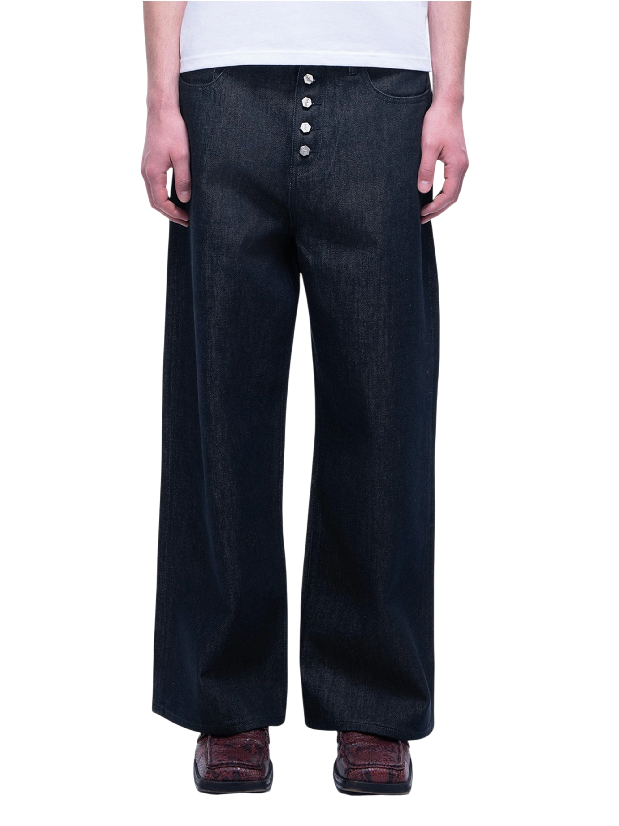 TBHNP Luminous Dawn button-fly wide-leg jeans, dark blue — men's streetwear denim