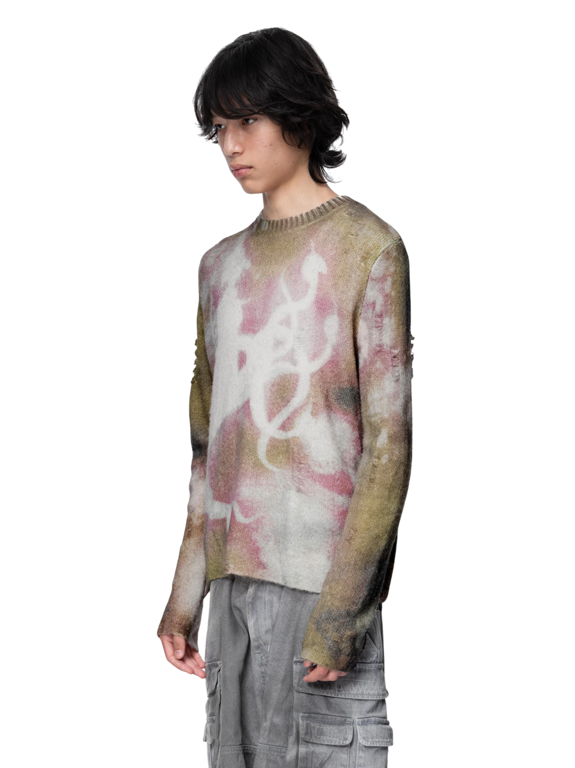 TBHNP Disciple all-over print distressed knit sweater — men's streetwear knitwear