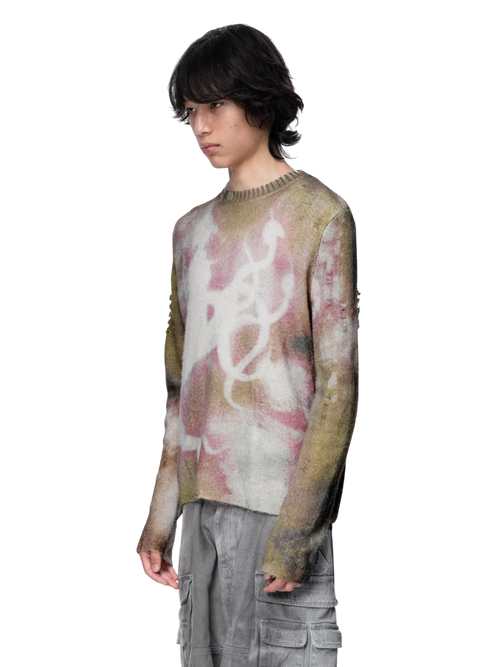 DISCIPLE ALL-OVER PRINT DISTRESSED KNIT SWEATER